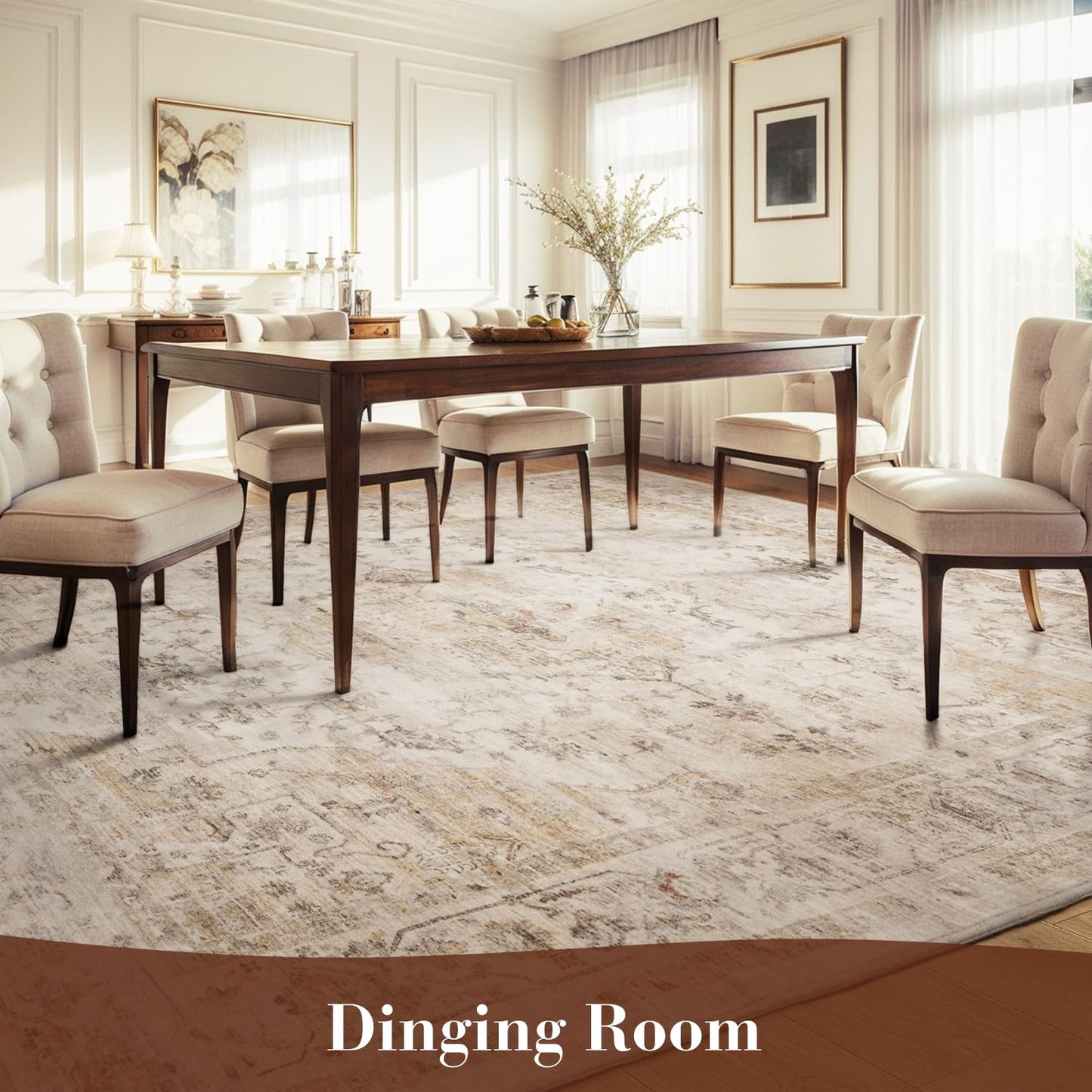 MontVoo-Area Rug 5X7 Rugs for Living Room-Beige Machine Washable Rug-Soft Living Room Rug-Vintage Non Slip Carpet-Rugs for Bedrooms Dining Room Living Room Office