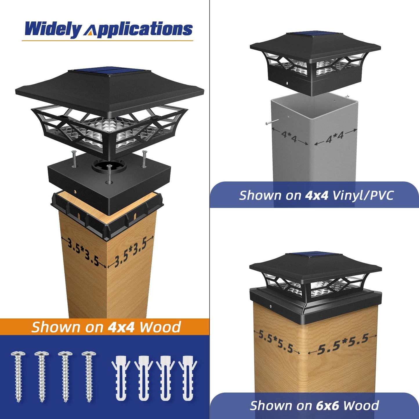 APONUO Solar Post Cap Lights Outdoor, Solar Post Lights 2 Lighting Modes Outdoor LED Light, Solar Fence Post Lights for Fence Deck Caps 4x4 6x6 Wood, 4x4 5x5 Vinyl, Black 6 Pack