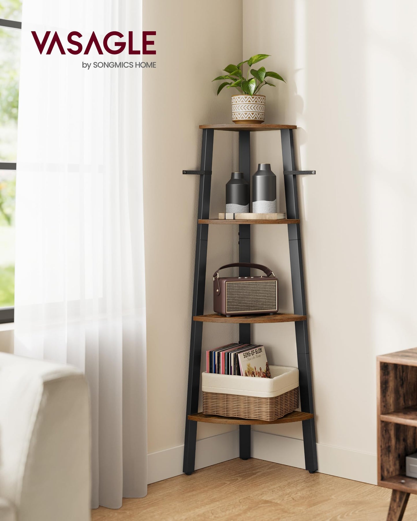 VASAGLE Corner Shelf Stand, 4-Tier Corner Bookshelf, Industrial Ladder Shelf, Plant Stand for Living Room, Office, Kitchen, Rustic Brown and Matte Black ULLS34X