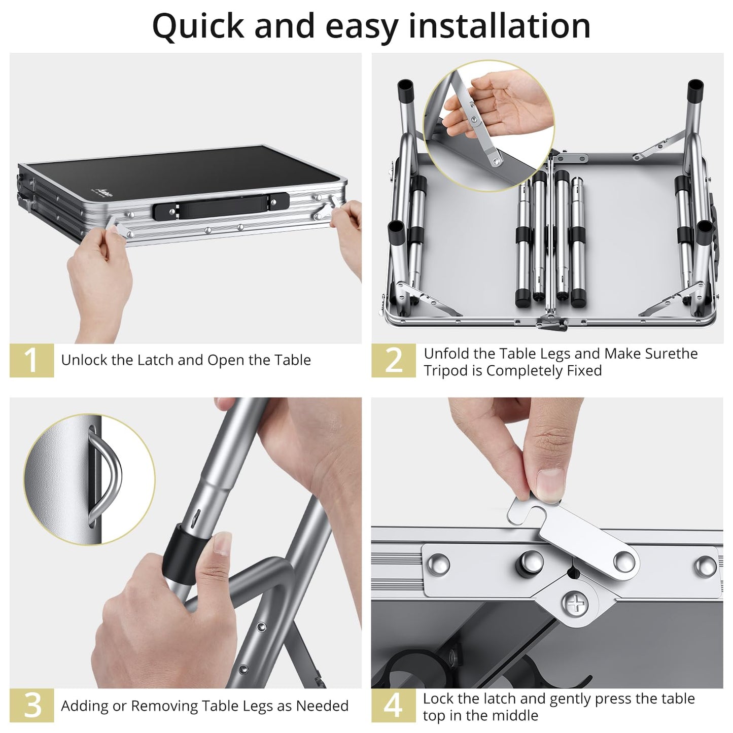 Anbte Folding Camping Table with Storage Net, 3 Adjustable Heights Aluminum Outdoor Tables, Lightweight, Waterproof, for Outdoor Indoor Picnic Beach Kitchen Picnic Backyard, 24" x 16", Black