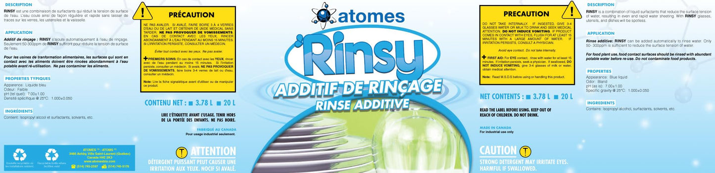 atoms-Bio RINSY Commercial Dishwasher Rinse Aid 1258 Loads Concentrated Spot Free Streak Free Drying Made in Canada 3.78 L