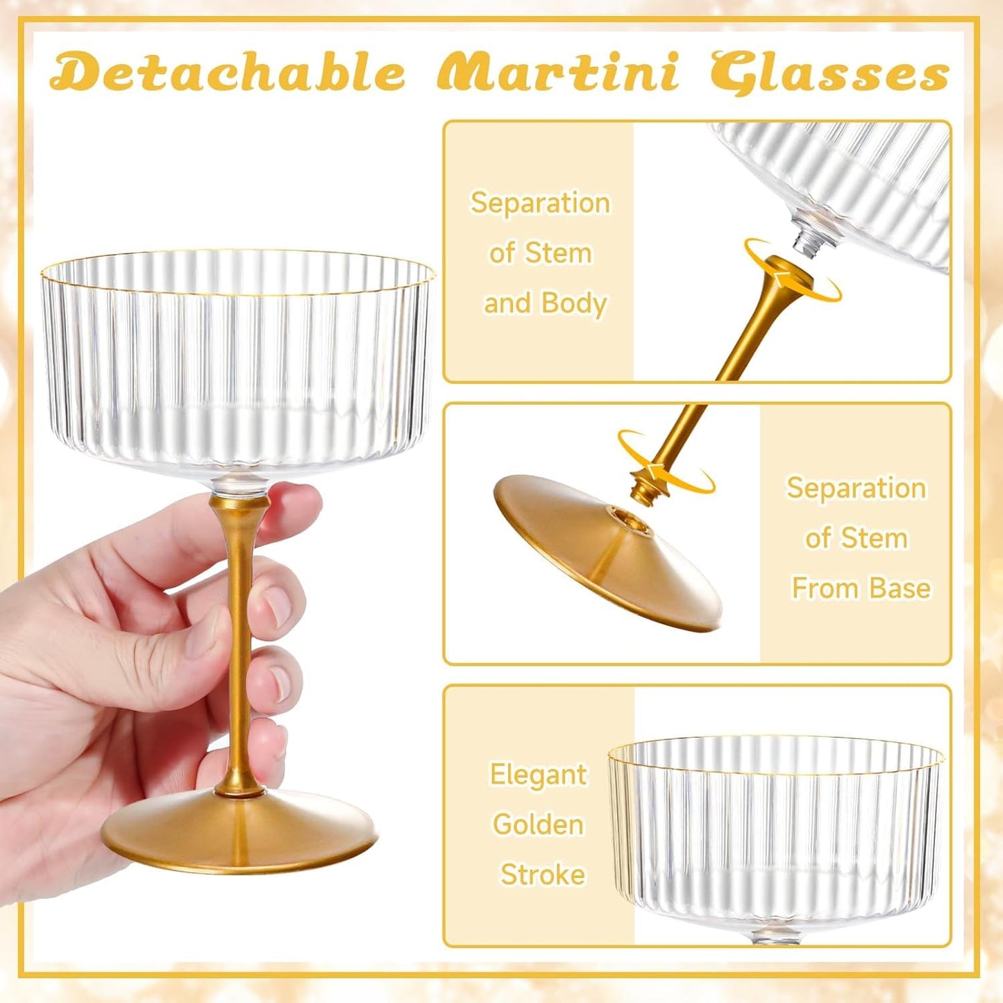 12 Pcs Gold Plastic Ribbed Coupe Glasses with Gold Rims 10oz Espresso Martini Glasses Disposable Champagne Coupe Cocktail Glasses Vintage Margarita Glassware for New Year’s Wedding Eve Bridal Shower