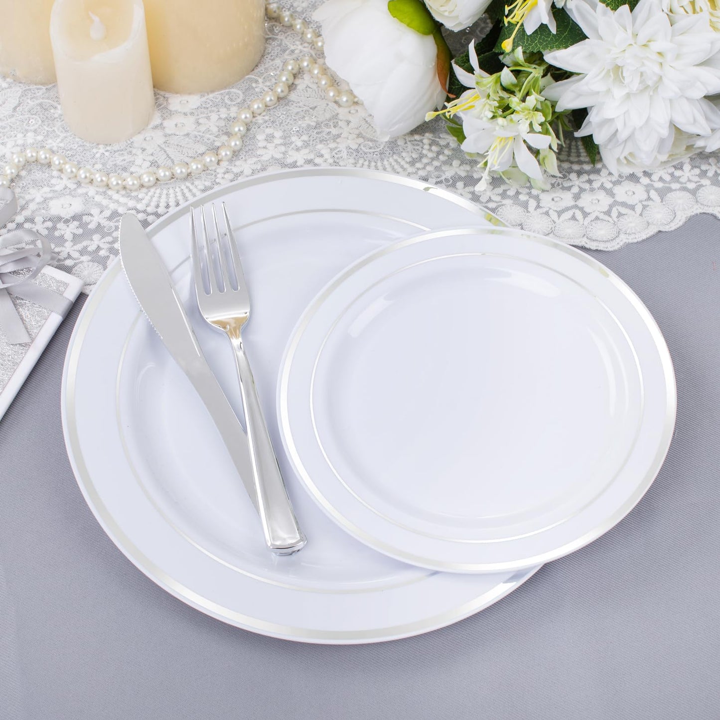 I00000 300 Pieces Silver Plastic Plates with Disposable Silverware, Fancy Tableware Sets Include 60 Dinner Plates 10.25", 60 Salad Plates 7.5", 60 Forks, 60 Knives and 60 Spoons Serve for 60 Guest