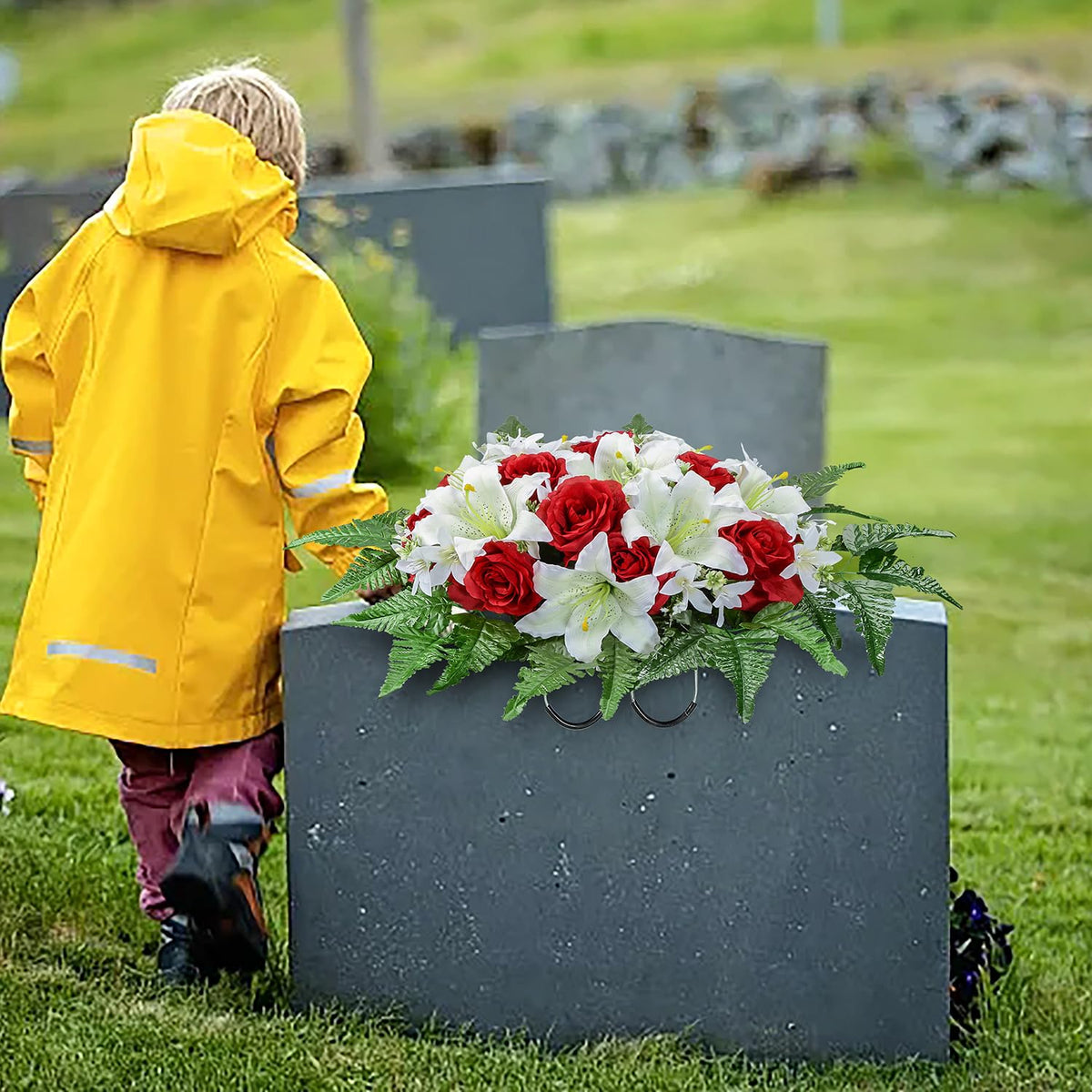 Artificial Headstone Flower Saddles for Graves, Cemetery Memorial Flowers for Outdoor Tombstone Decorations, Artificial Lily Rose Saddle Flowers