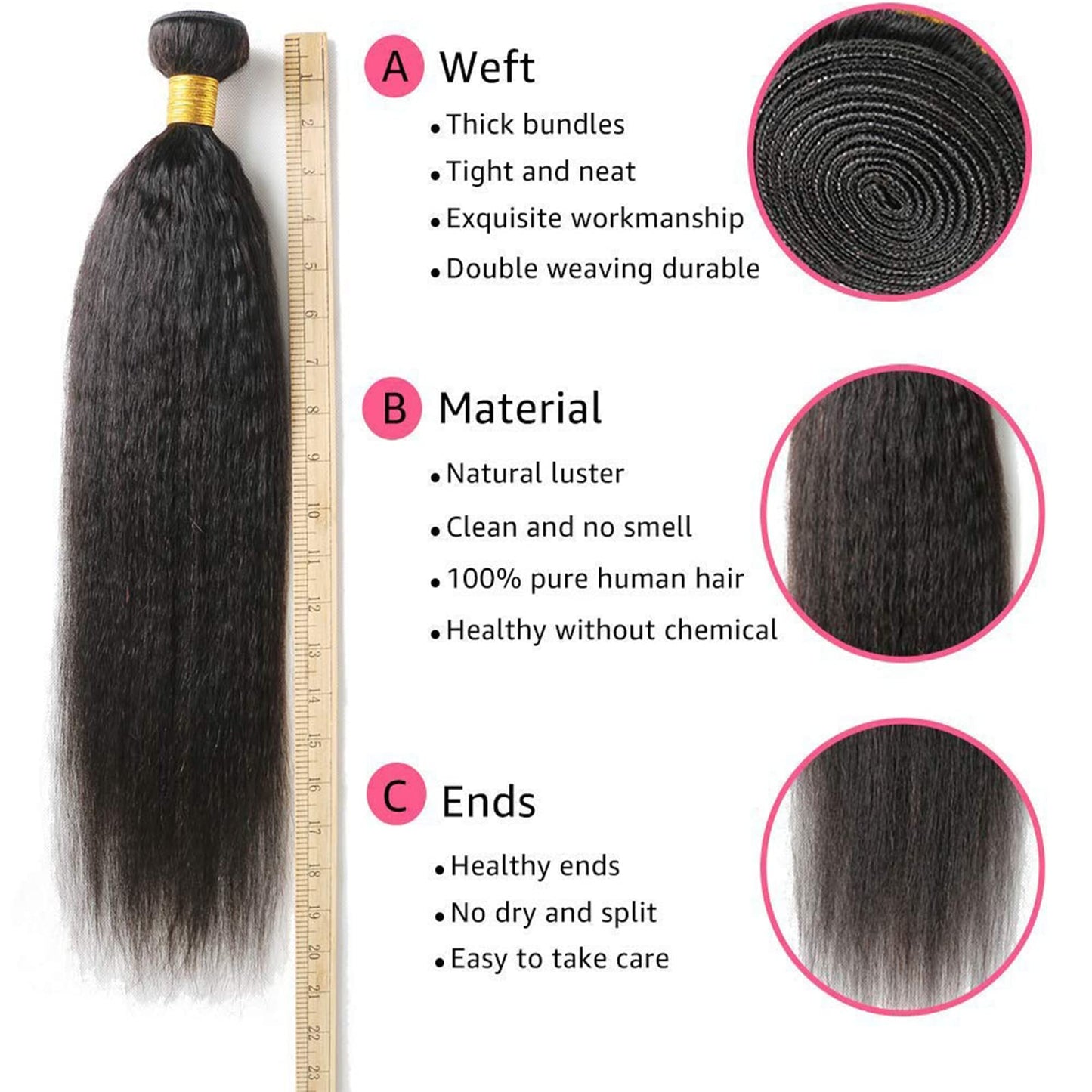 DAIMER Short Length Brazilian Kinky Straight Bundles Human Hair Sew in Unprocessed Virgin Hair Extension Yaki Straight Human Hair Weft Natural Color 14 Inch