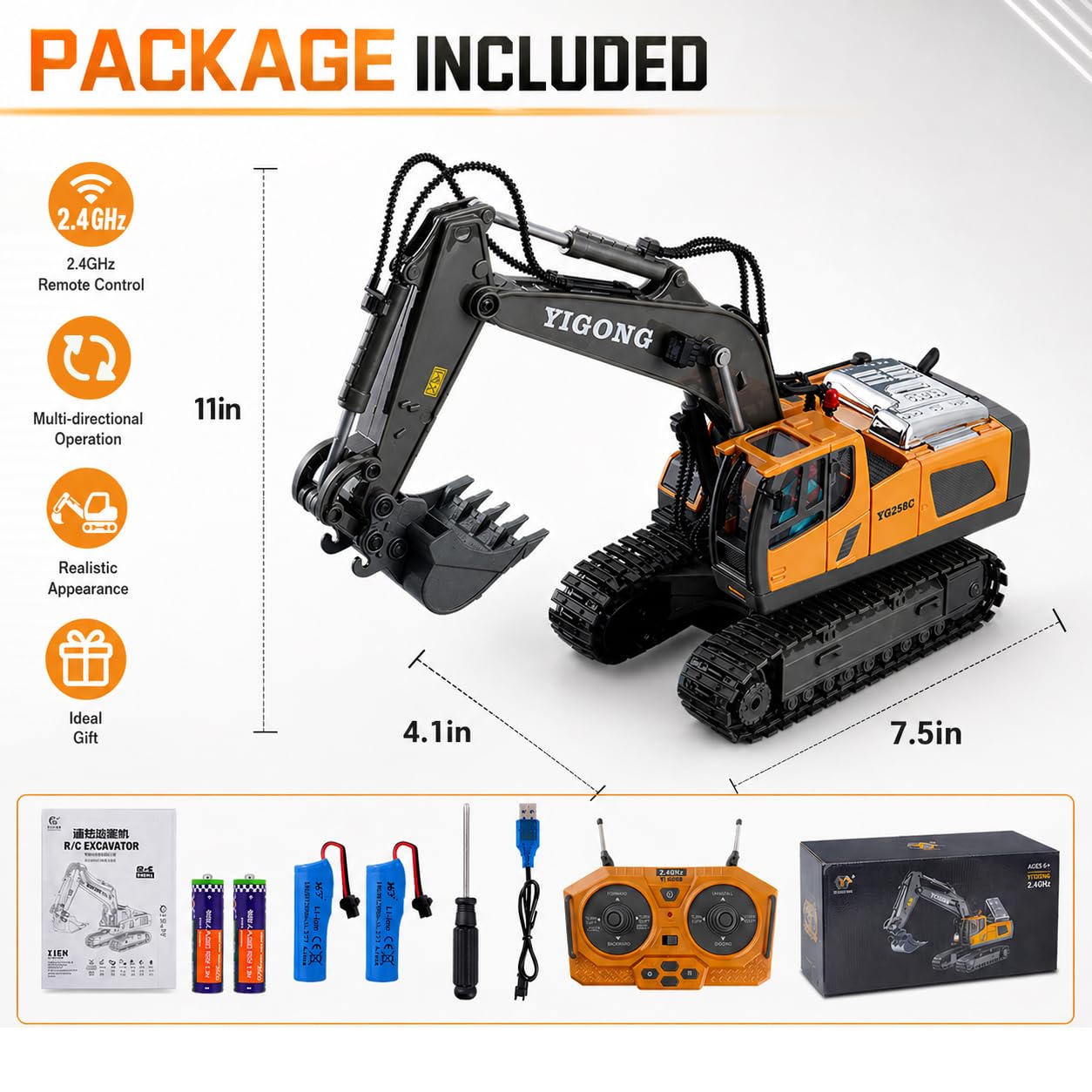 Cogwak RC Excavator Toy 11 Channel Remote Control Construction Vehicles Sand Digger Truck with Metal Shovel 680° Rotation Outdoor Birthday Gift for Boys Kids Age 6+ Year Old (Yellow)