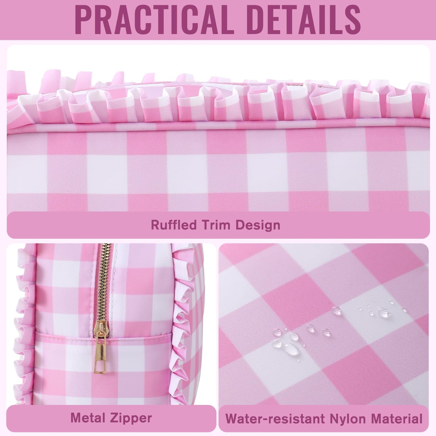 EMBRUNIOICE Gingham Ruffle Makeup Bag,Large Travel Cute Cosmetic Bag for Women Girls,Toiletry Bag Make up Organizer 11.8 x 4.7 x 9 inch (Pink Gingham)