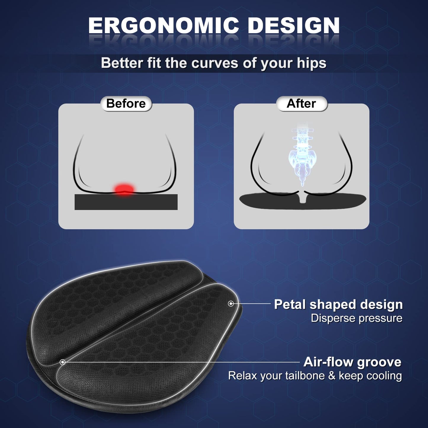 SKYJDM Foldable Motorcycle Gel Seat Cushion, Large 3D Honeycomb Structure Shock Absorption & Breathable Motorcycle Gel Seat Pad for Long Rides