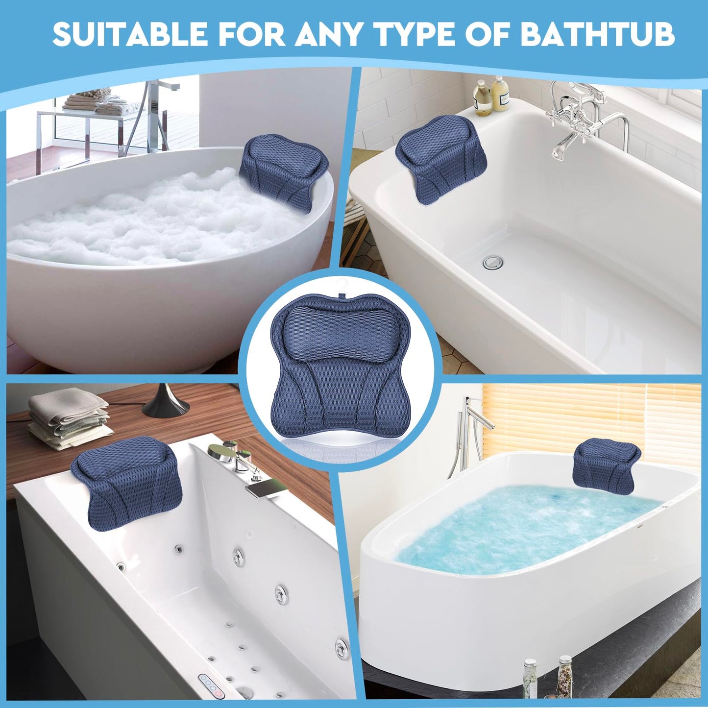 ULTRGEE Bathtub Pillow - 4D Air Mesh, Bath Pillow for Tub Head, Neck and Back Support, Fast Drying Bath Cushion, Bath Accessories for Relaxing, Germ-Proof, Fits All Bathtub (Navy)