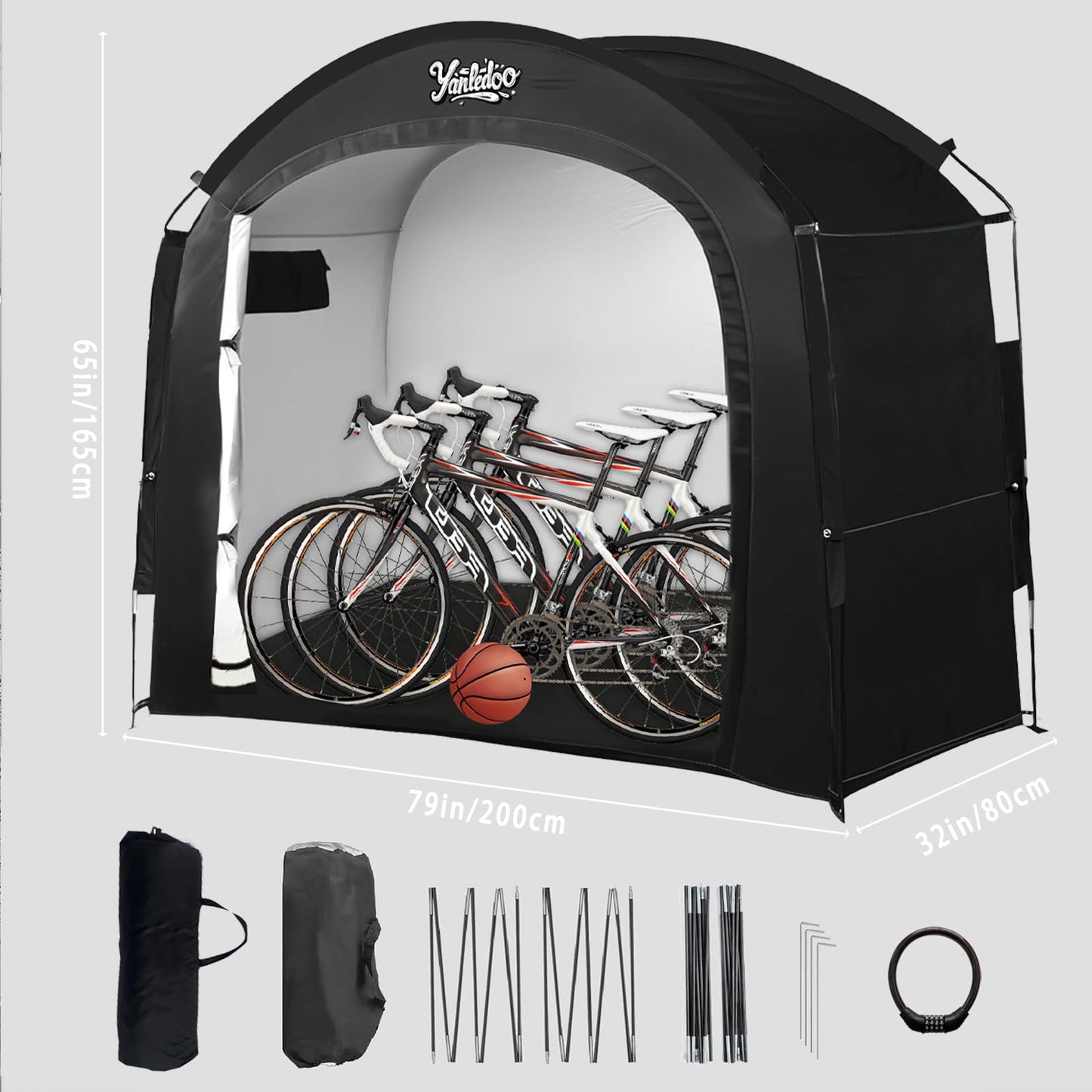 Yanledoo Bike Storage Tent, Outdoor Shed with Thick Waterproof Fabric, 30% More Top Space, Fits 2/3/4/5 Bikes or Tricycles, Easy Setup, Portable Cover for Garden Tools & Motorcycles(Black)
