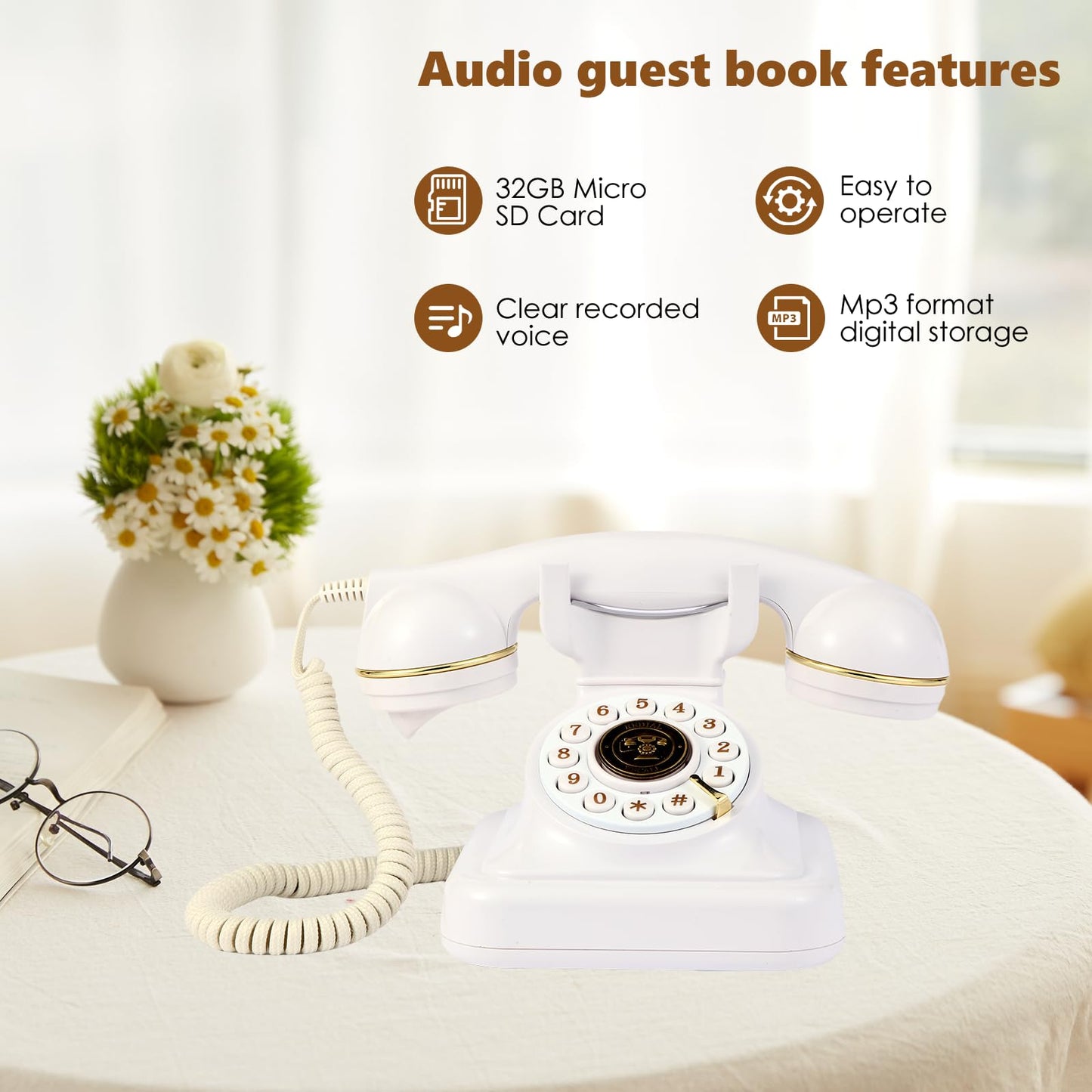 Huamch Audio Guest Book Wedding Phone,Customized Audio Guest Book Phone, Vintage Rotary Style Audio Message Voicemail for Graduation Retirement Party Birthdays Baby Shower Special Occasions(White)