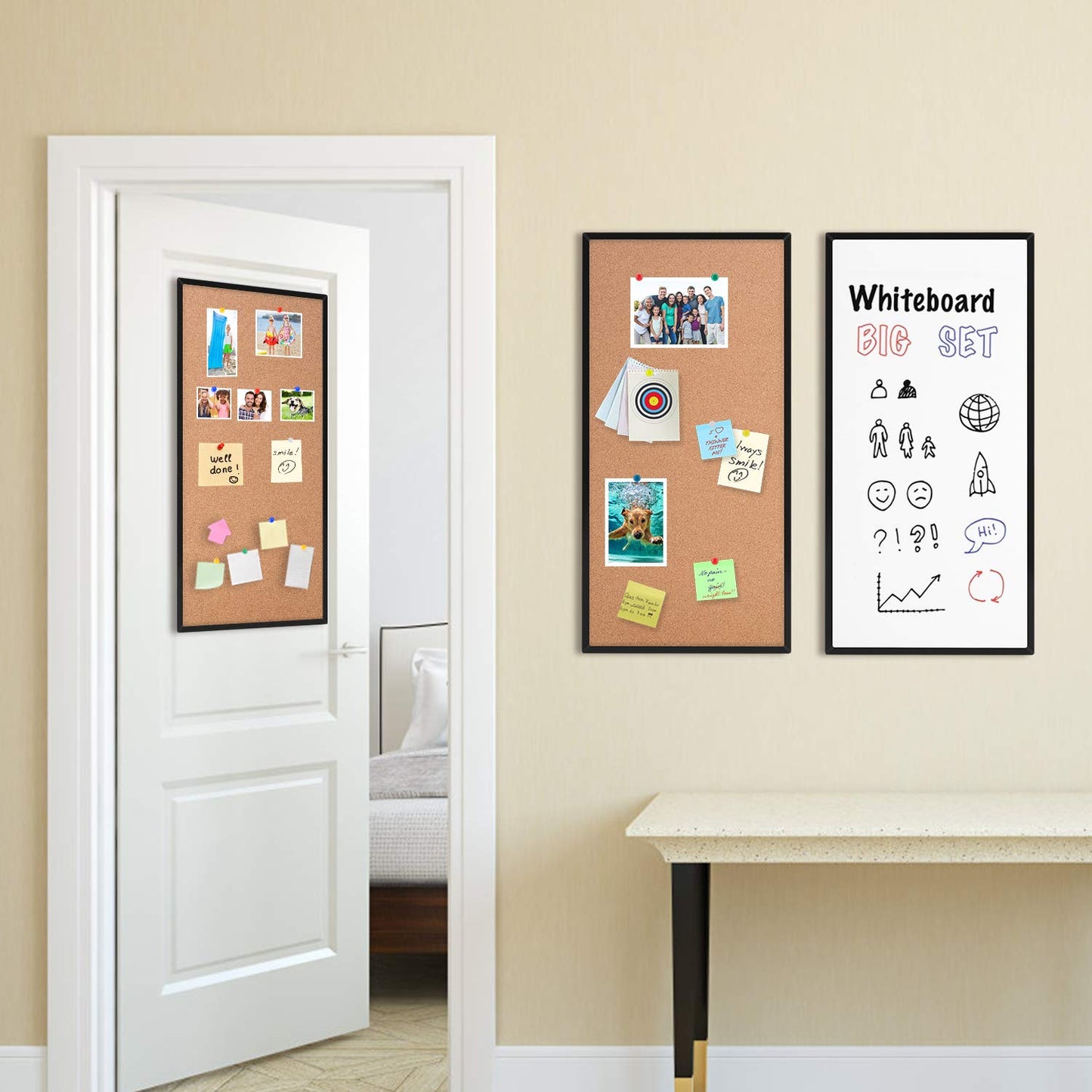 Cork Board and Whiteboard Combination Board for Wall, 3-Pack 12" X 24", Black Framed Dry Erase White Cork Board for Home, Office