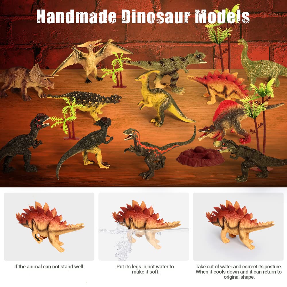 FRUSE Dinosaur Toys Figures,12 PCS Realistic Large Dinosaur Figurines with Jumbo Play Mat & Information Dino Book,Educational Dino Figure Playset Cake Topper Decoration for Kids