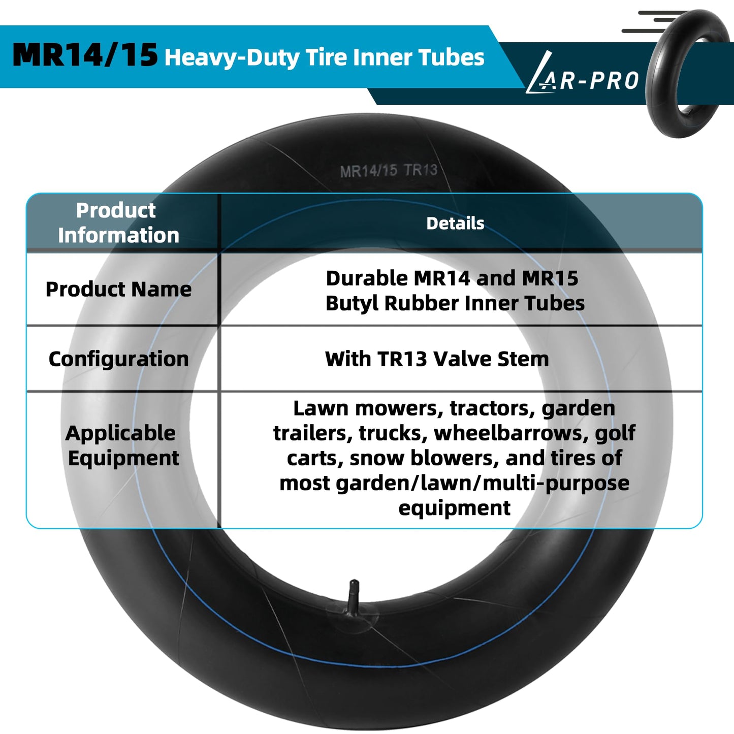 AR-PRO (2-Pack) MR14/15 Heavy-Duty Tire Inner Tubes with TR13 Straight Valve Stems fits R14" R15"- Made from Durable Butyl Rubber