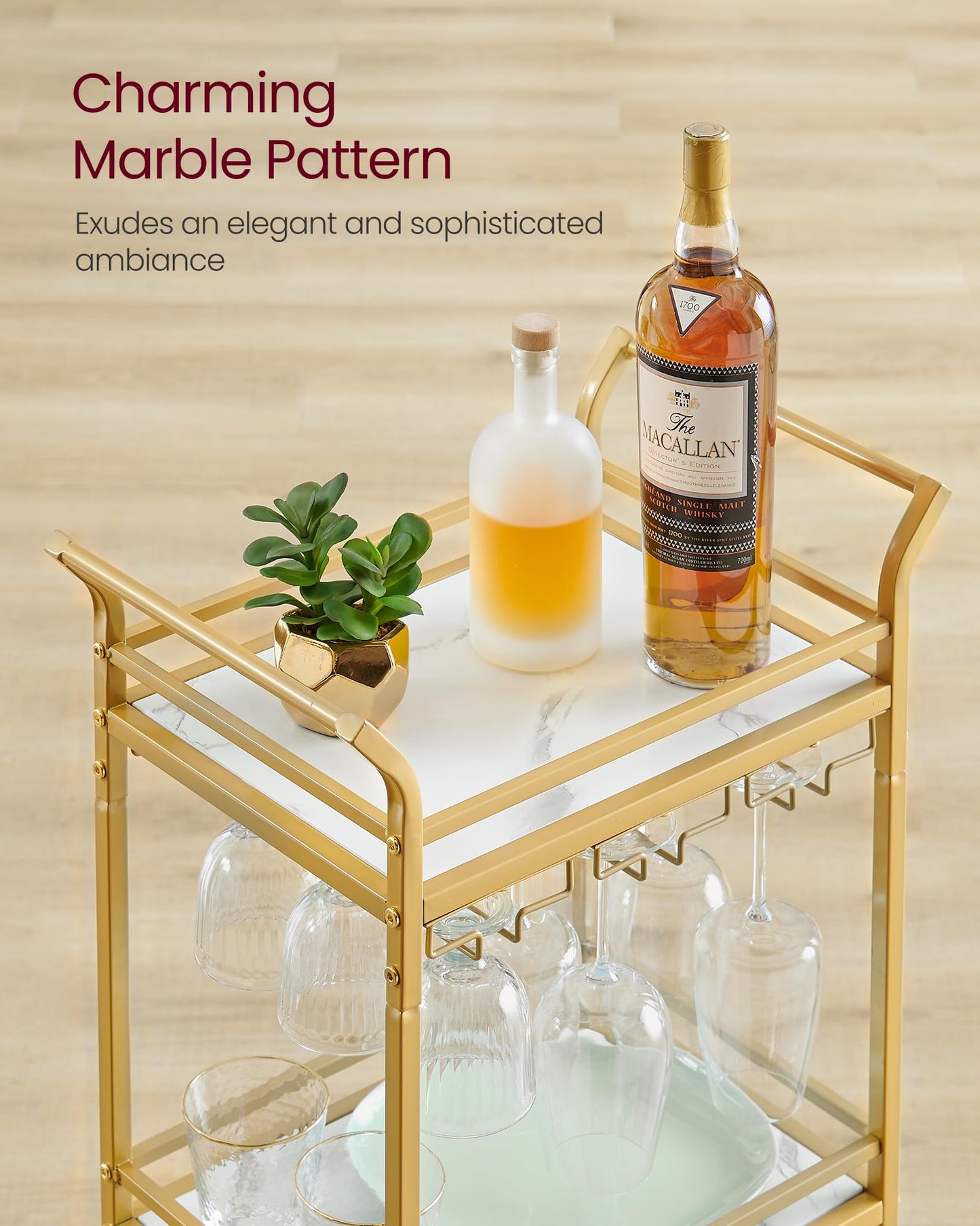 VASAGLE Bar Cart, Home Bar Serving Cart with 3 Tiers, Kitchen Shelf with Wine Rack, Glass Holders, for Small Spaces, Dining Room, Living Room, Pale Gold ULRC101A01