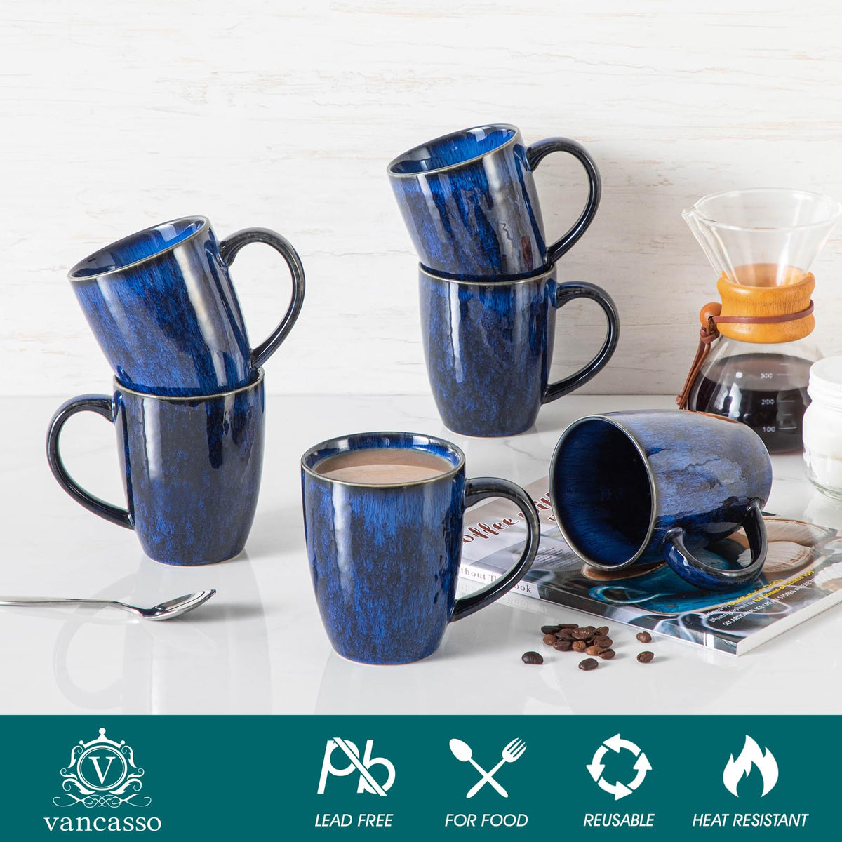 vancasso Starry Ceramic Coffee Mug Set of 6, 16 Oz Tea Cups with Handle for Latte, Tea, Cappuccino, Milk, Cocoa, Microwave&Dishwasher Safe,Blue