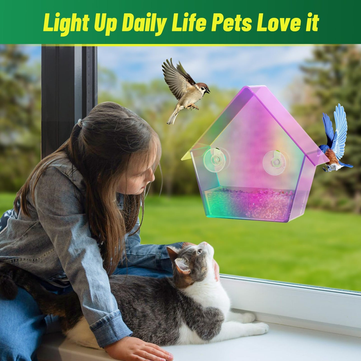 Window Bird Feeder with Strong Suction Cups, Outdoor Hummingbird Colorful Transparent Feeder for The Window, Waterproof Acrylic Birdfeeder with 2 Expansion Screws for Tree/Patio