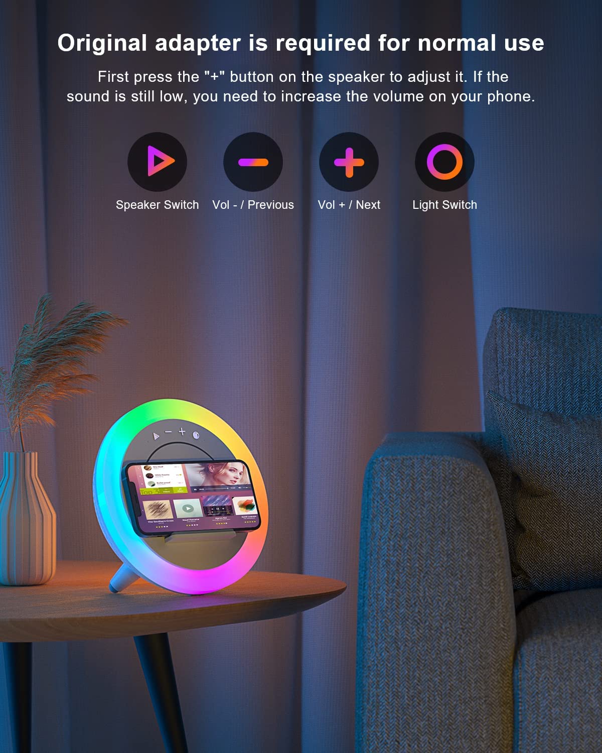 Bluetooth Speaker with Lights, Wireless Charging Speaker, Dimmable Multi-Color Modern Night Lamp, Applicable for Bedroom/Teen Girl,Boy Gifts (5W Wireless Charging)
