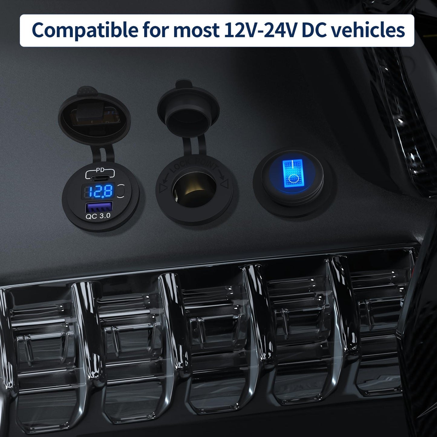 DaierTek 12V USB C Car Charger Socket, 12V USB Outlet, 48W PD Type C & QC 3.0 12 Volt Dual USB Charging Socket Port Waterproof with Voltmeter & ON/Off Switch for Car Marine Boat Golf Cart -3Pack