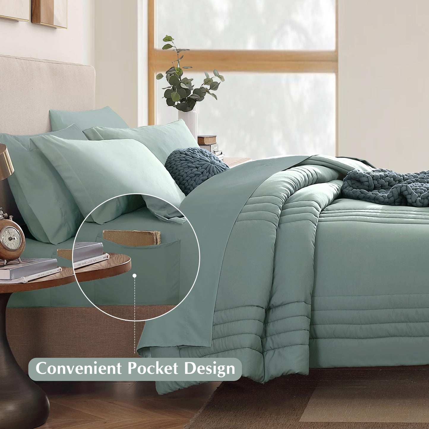 Monbix Queen Comforter Set - 7 Pieces Sage Green Bed in a Bag Queen Bedding Sets with Comforters, All Seasons Down Alternative Comforter Bed Set with Sheets,Pillowcases & Shams