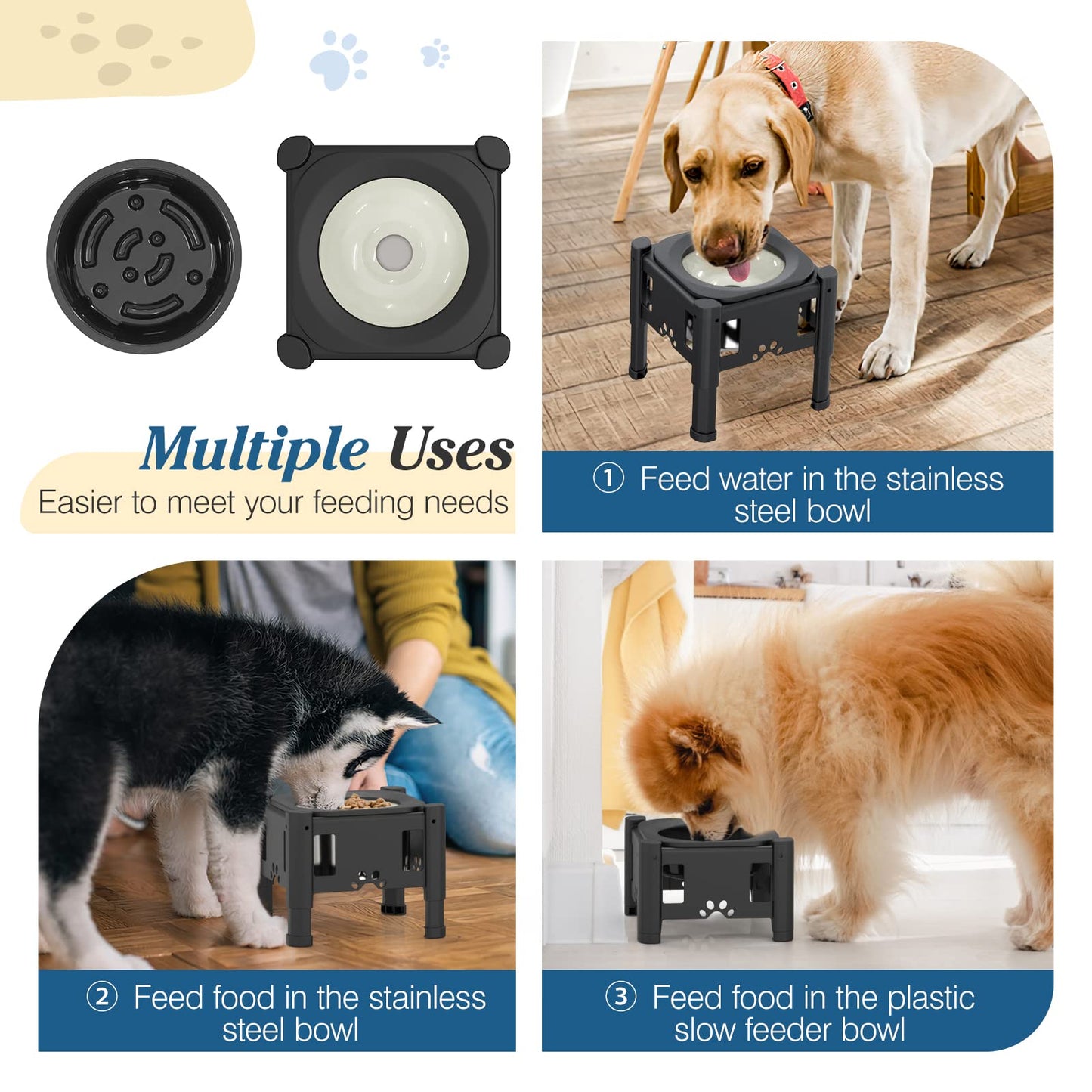 Lewondr Dog Water Bowl, 80OZ Large Capacity Raised Water Bowl for Dogs with Dog Slow Feeder Bowl, No Spill Water Bowl for Dogs 3 Heights Adjustable Elevated Dog Bowl Stand for Small Medium Large Dogs