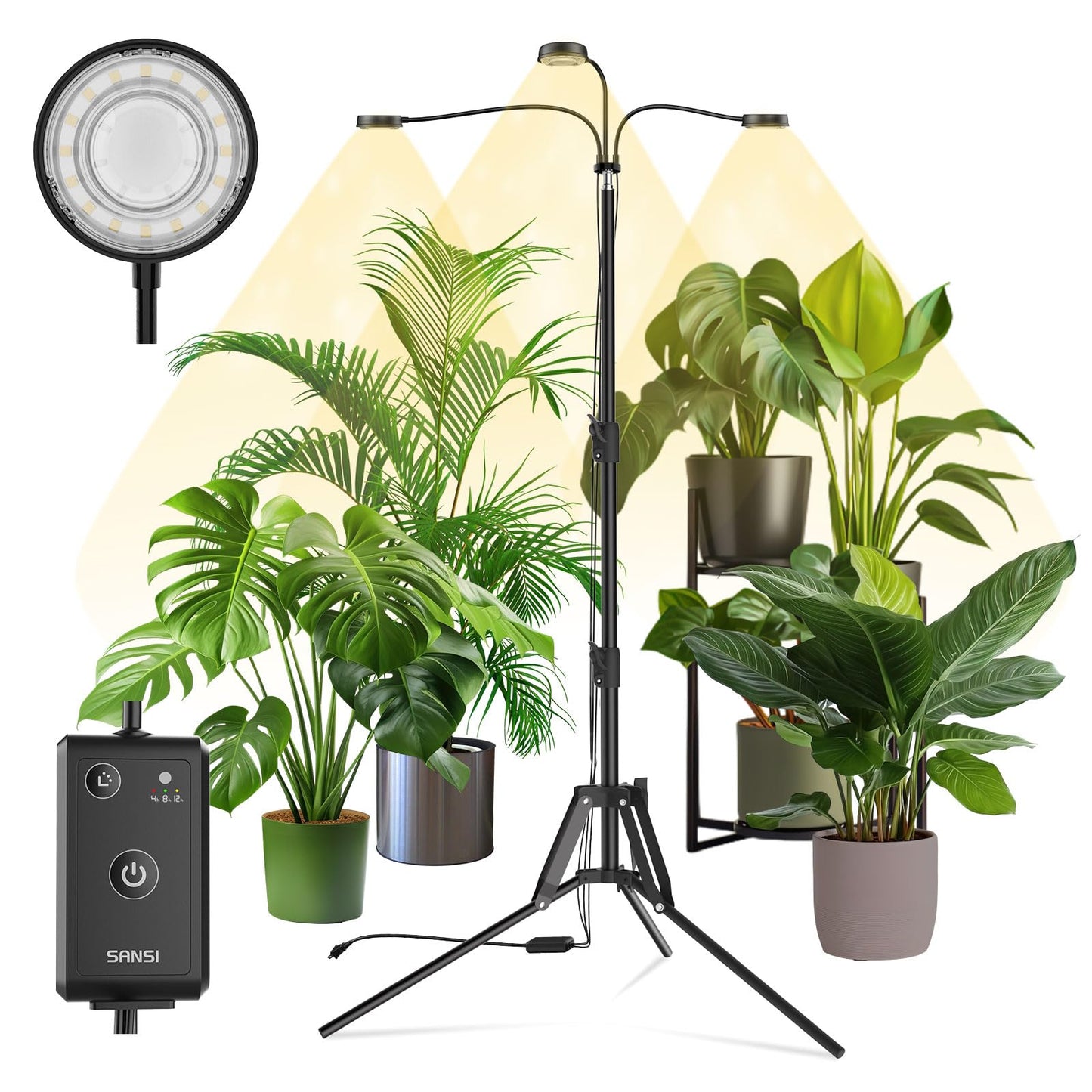 SANSI Grow Lights for Indoor Plants, 500W Equivalent Full Spectrum 3 Head Plant Lights for Indoor Growing, Energy Efficient 30W Dimmable Grow Light 35"-65" Adjustable Tripod Stand Auto On/Off Timer