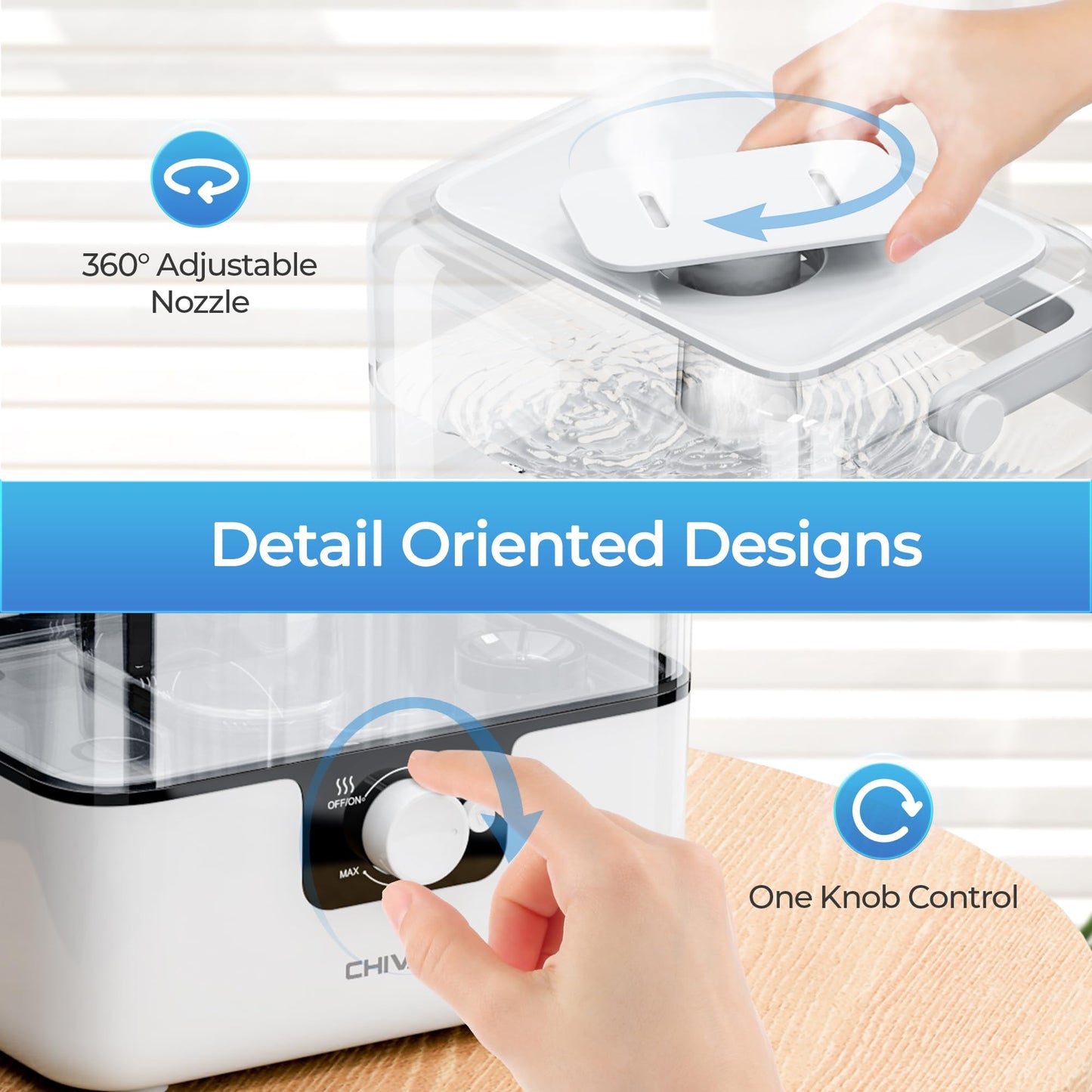 CHIVALZ Humidifiers for Bedroom, 6L Cool Mist Humidifiers for Baby Nursery, 26dB Quiet, 50H Runtime, Top Fill Humidifier for Large Room, Home, Plants, Nightlight, Oil Diffuser 1 Pack, White