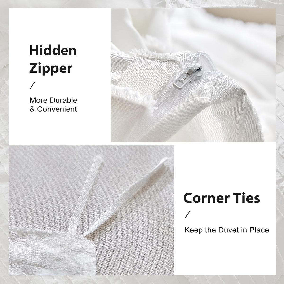 WARMDERN White Boho Duvet Cover Set King Size, Striped Textured Duvet Cover Tufted Bedding Set, 3 Pcs Ultra Soft Washed Microfiber Duvet Cover with Zipper Closure (King, White)