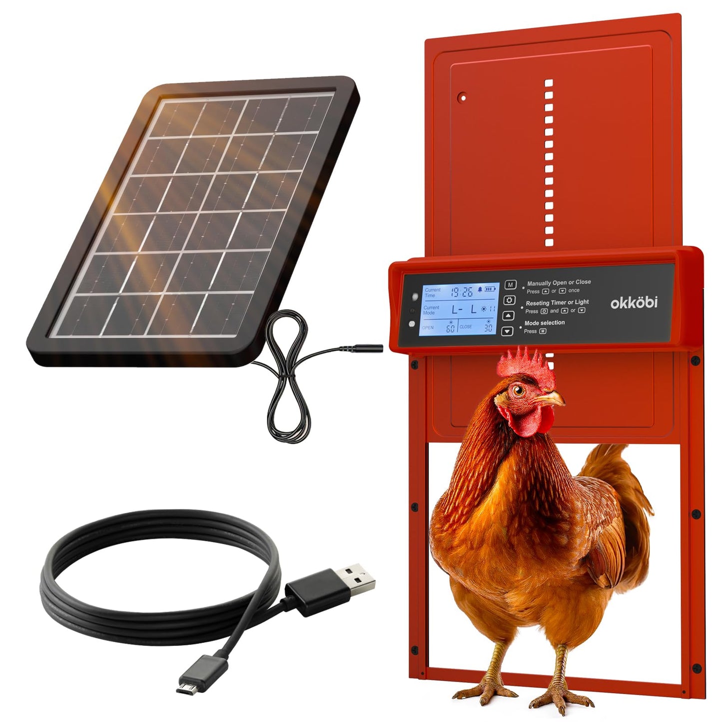 Okkobi Automatic Chicken Coop Door Solar Powered - LCD Display - Chicken Coop Door with Remote Control, Light Sensor & Timer - Security & Peace of Mind: Anti-Pinch Function - 5-Year Protection - Red