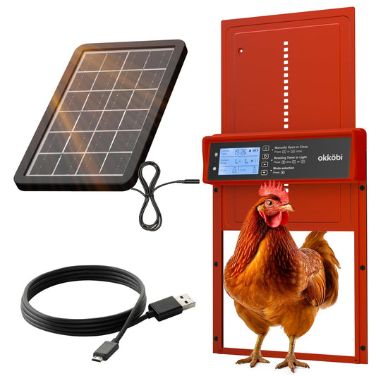Okkobi Automatic Chicken Coop Door Solar Powered - LCD Display - Chicken Coop Door with Remote Control, Light Sensor & Timer - Security & Peace of Mind: Anti-Pinch Function - 5-Year Protection - Red