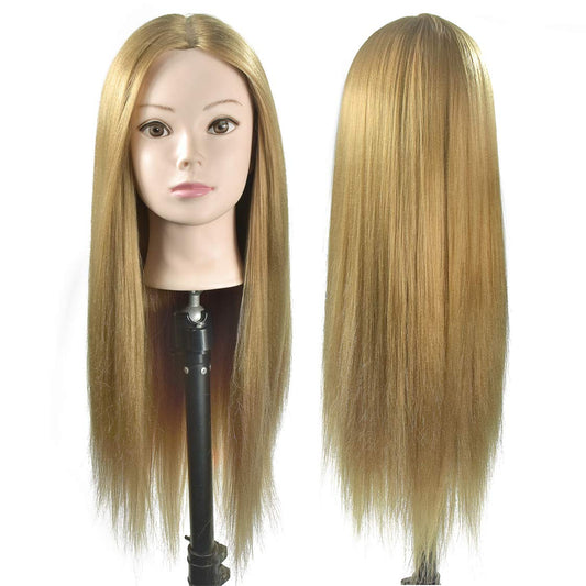 28" Cosmetology Mannequin Head Light Brown Synthetic Hair Professional Hairdressing Training Head Manikin Head with Free Clamp