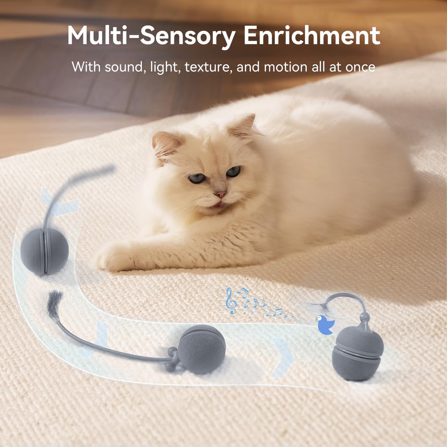 Cheerble 2 in 1 Interactive Cat Toys for Indoor Cats - Wicked Ball Duo2, Automatic Rolling Ball & Spinning Top, 6 Play Ways with Bird Chirping and Speedy Tail, LED Rechargeable Cat Toy for Kittens