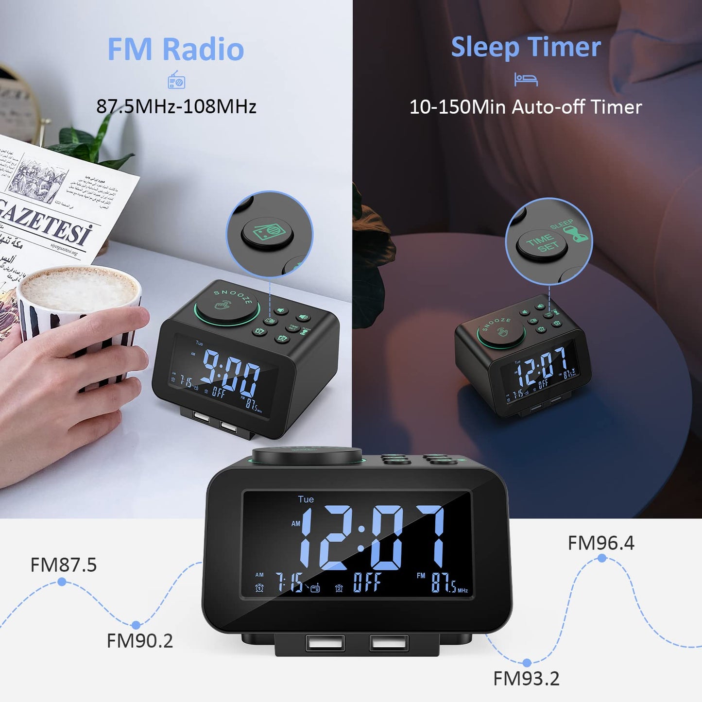 USCCE Digital Alarm Clock Radio - 0-100% Dimmer, Dual Alarm with Weekday/Weekend Mode, 6 Sounds Adjustable Volume, FM Radio w/ Sleep Timer, Snooze, 2 USB Charging Ports, Thermometer, Battery Backup