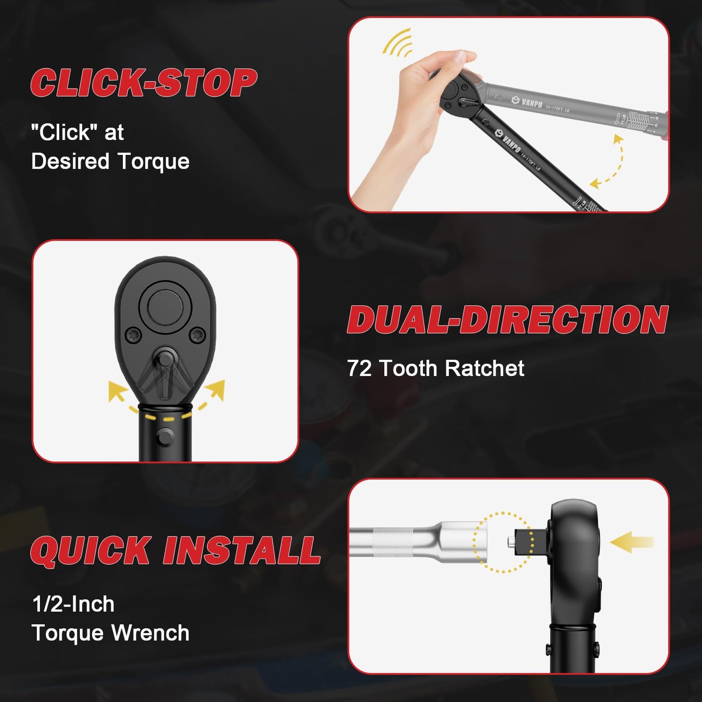 VANPO 1/2-inch Drive Click Torque Wrench,10-170 Ft-Lb/13.6-230.5 Nm,Adjustable Torque Wrench Set with 1/2" to 3/8" Adapter,125mm Extension Bar,72 Tooth, Dual-Direction Torque Wrench for Motorcycle,Car