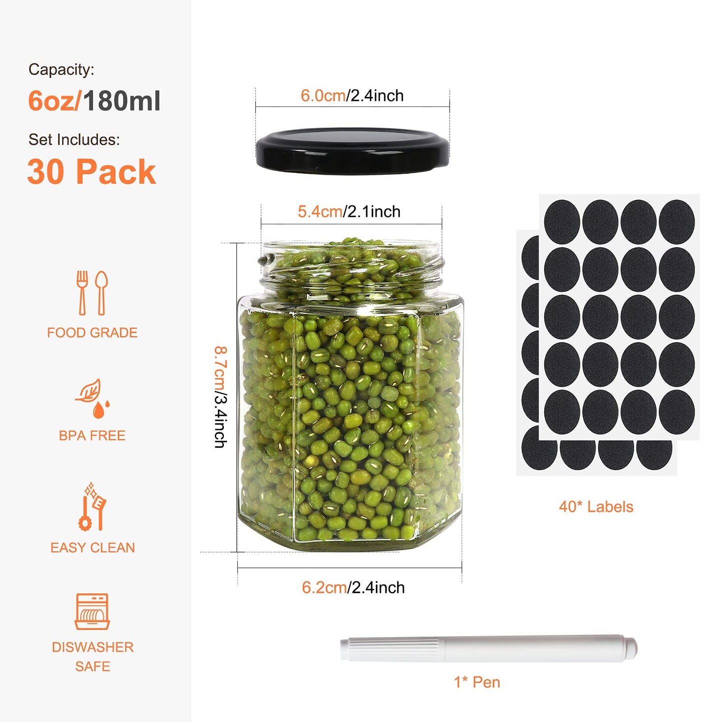 30 Pack 6 oz Hexagon Glass Jars With Black Lids, 180ml Clear Canning Mason Jars for Honey, Spice, Herb, Jams, Shower and Wedding Favors, Craft - 1 Pen and Labels Included