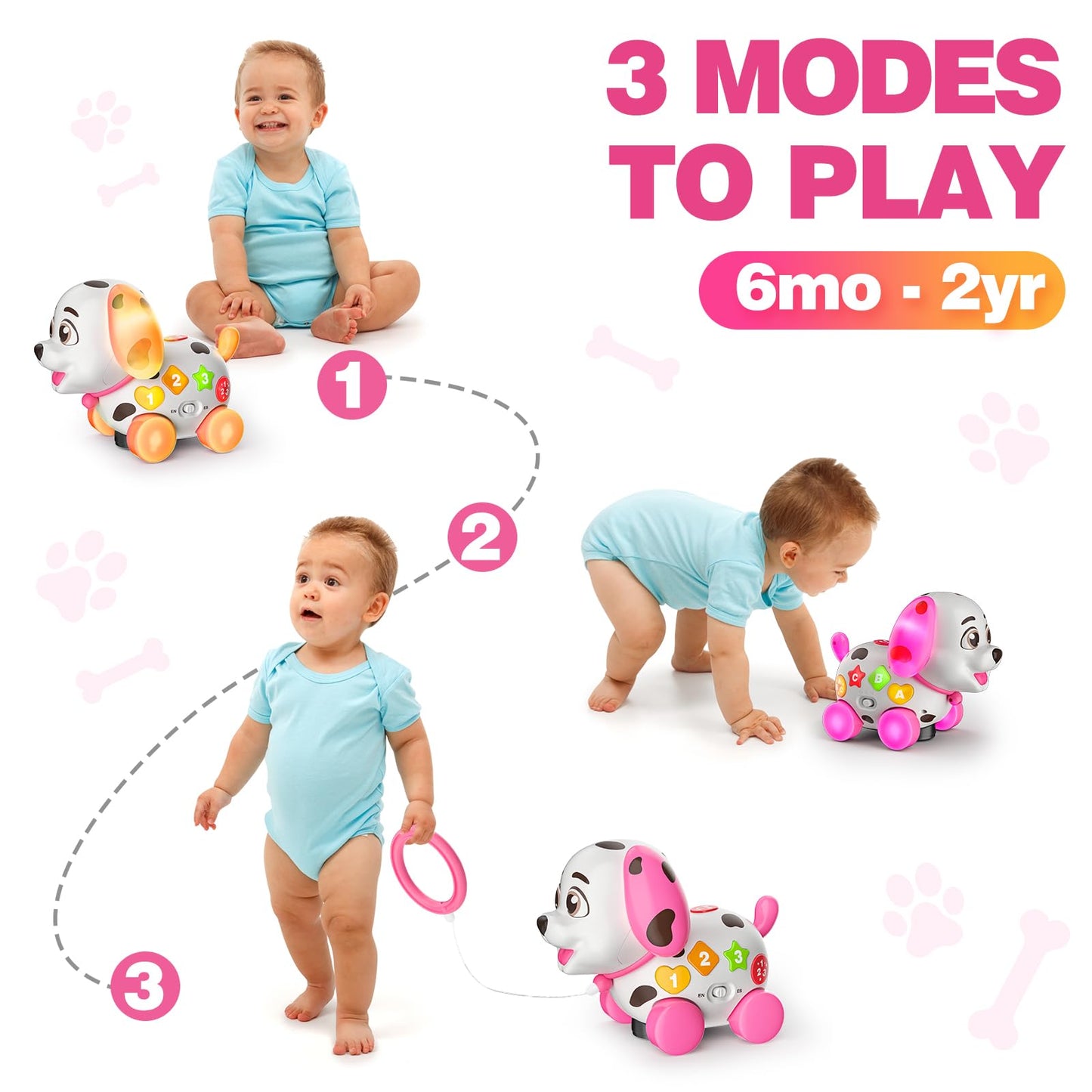 3-in-1 Musical Puppy Toys for 1 Year Old Girl Gift, Educational Baby Toy 6-12-18 Month, 1st Birthday Gift for 1 Year Old Girl Boy, First Bilingual Present for 7 8 9 10 Month Infant (Pink)