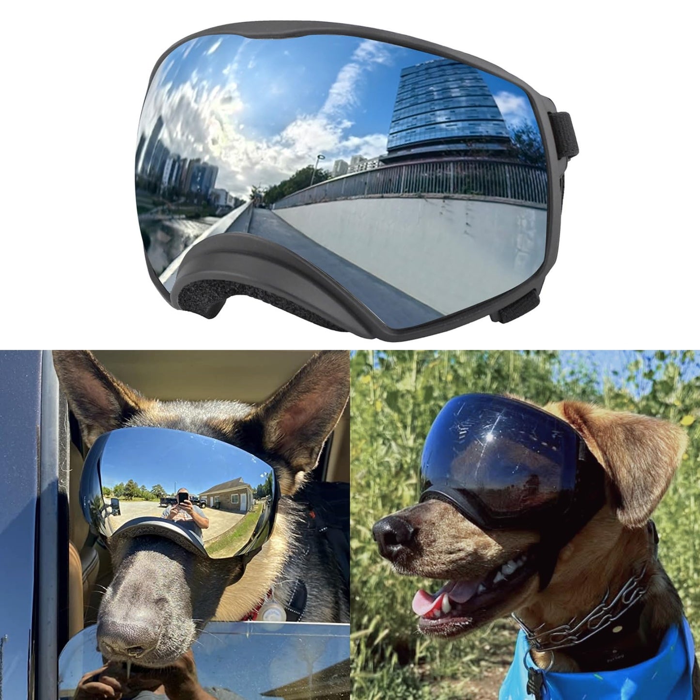NAMSAN Dog Goggles for Large Dogs, Black/Silver Lenses Replaceable, Anti-UV Sunglasses for Dogs Medium to Large Breeds, Driving Dog Eye Protection, Windproof Dustproof, Adjustable, Black