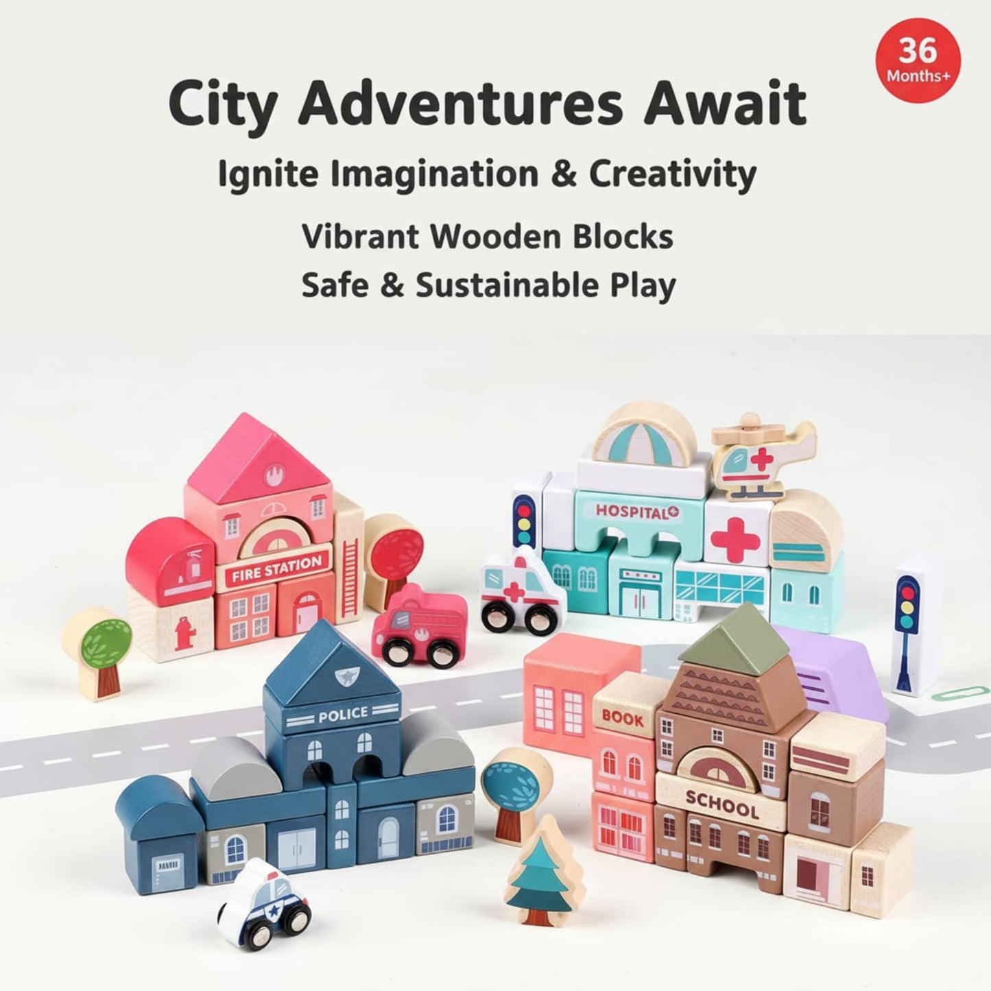 Wooden Building Blocks Set, City Construction Stacker Stacking Preschool Learning Educational Toys, Toddler Toys for 3+ Year Old Boy and Girl Gifts