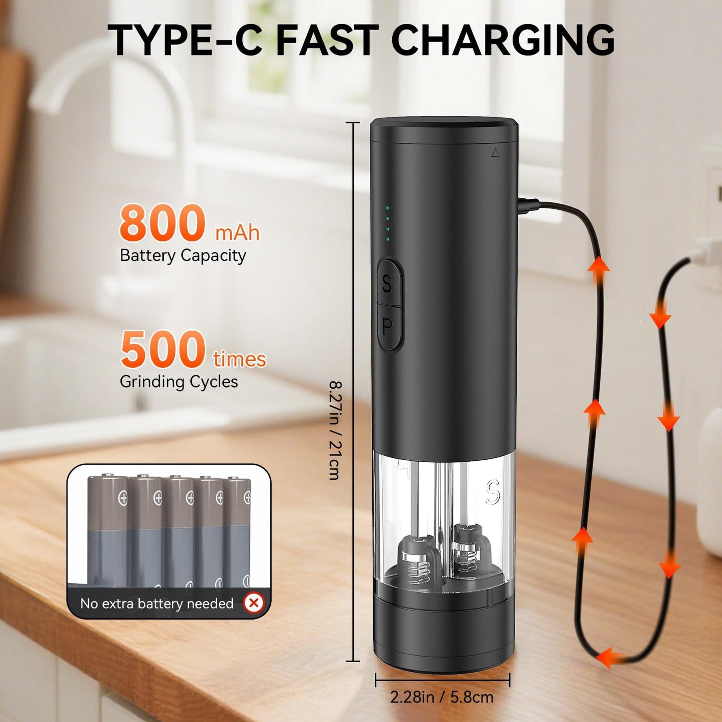HeatBay 2 in 1 Electric Salt and Pepper Grinder Set, USB Rechargeable, Automatic Salt and Pepper Mill Shakers with Battery Display, LED Light, Adjustable Coarseness(Black)