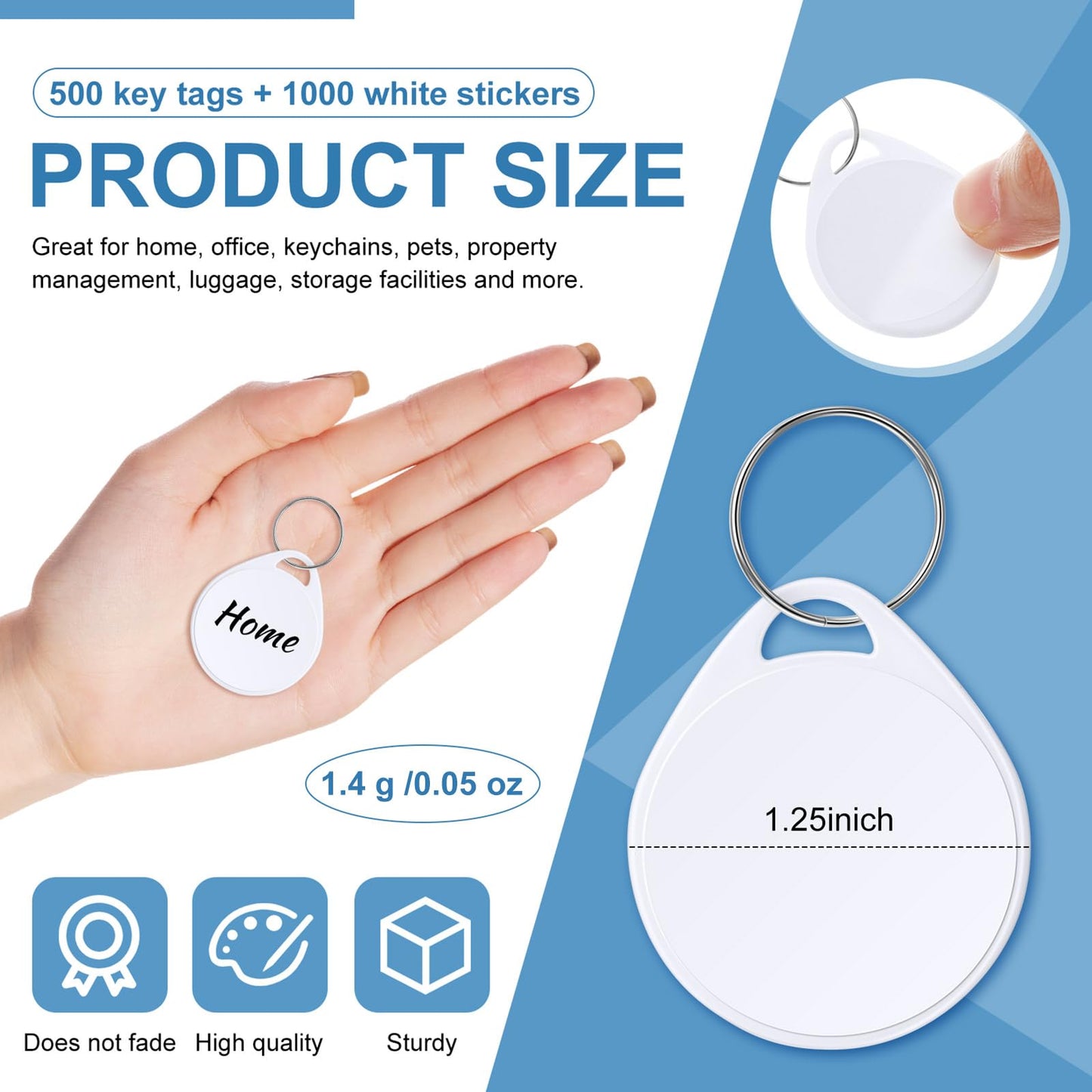 500 Pieces Tough Plastic Key Tags with Split Ring 1.25 Inch Round Item Identifiers Small Waterproof White Writable Key Labels with 1000 Pcs White Label Stickers