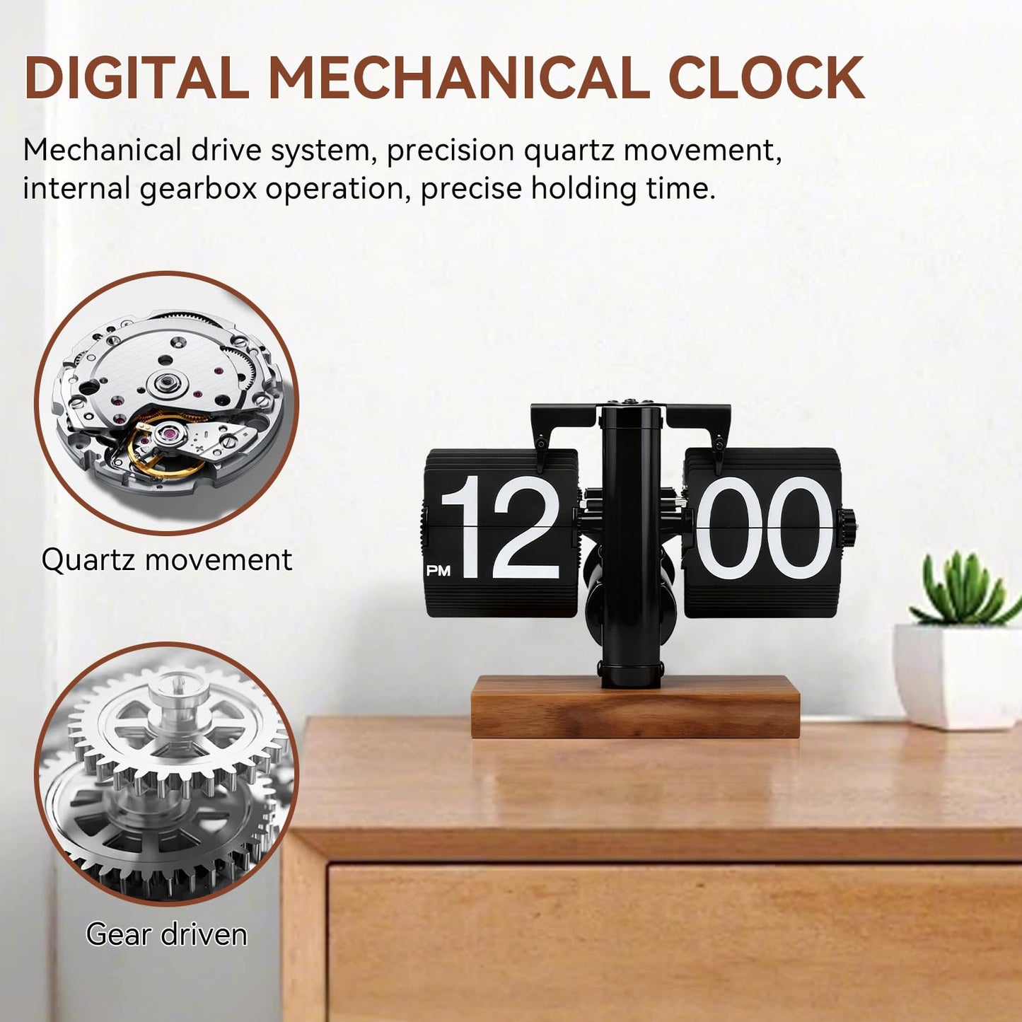 Retro Flip Clock for Desk, Mechanical Clock Digital Flip Down Clock Retro Automatic Turning Large Number Battery Powered Flip Desk Clock Internal Gear Operated for Home Office Decor