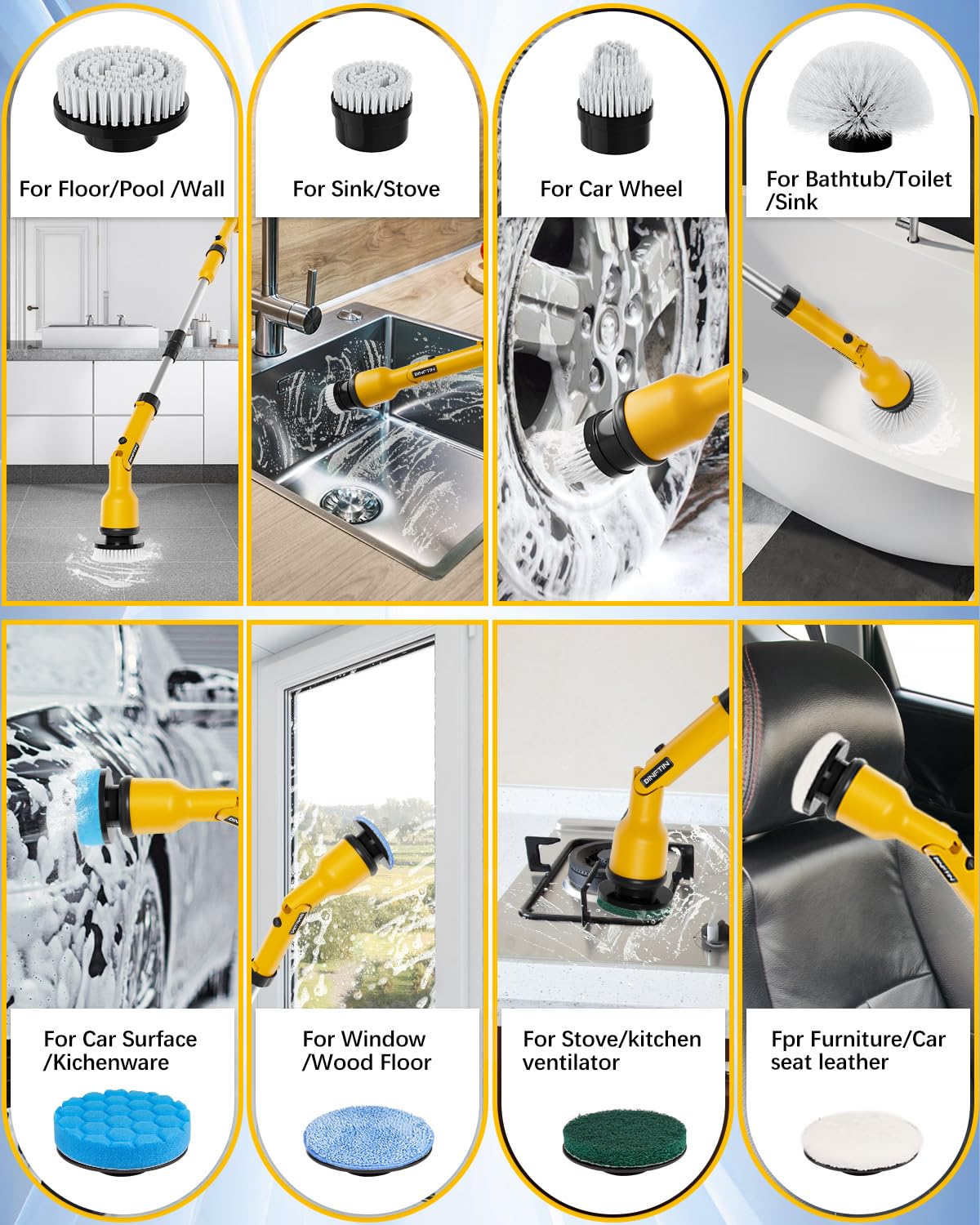 1000RPM Electric Spin Scrubber Compatible for DeWALT 20V Battery (No Battery), Cordless Cleaning Brush with Adjustable Extension Arm, 8 Replaceable Cleaning Heads, Gloves - for Bathroom/Tub/Tile