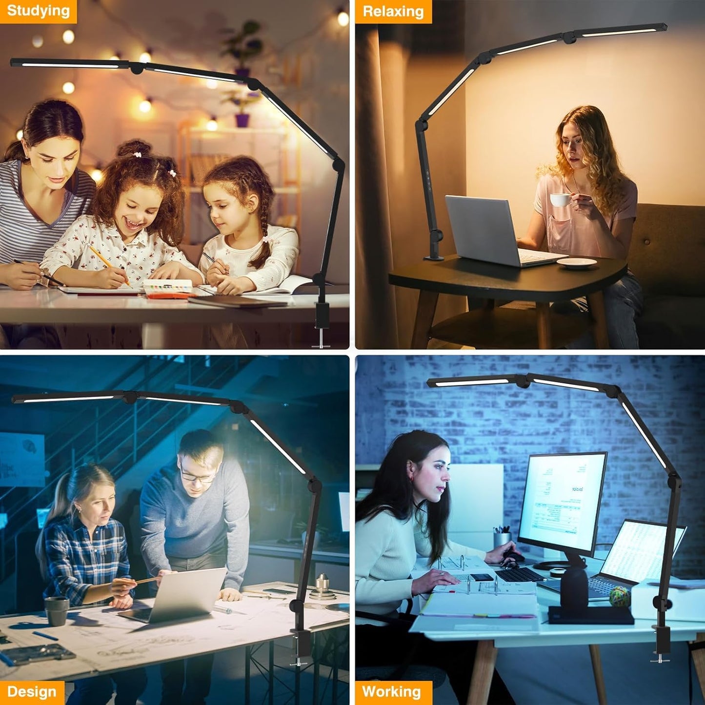 AILBTON LED Desk Lamp with Clip,Multi-Angle Flexible 4 Sections 3 Light Sources Office Desk Lamp,4 Color Temperatures and 5 Brightness Levels,Night Eye Care Table Lamp
