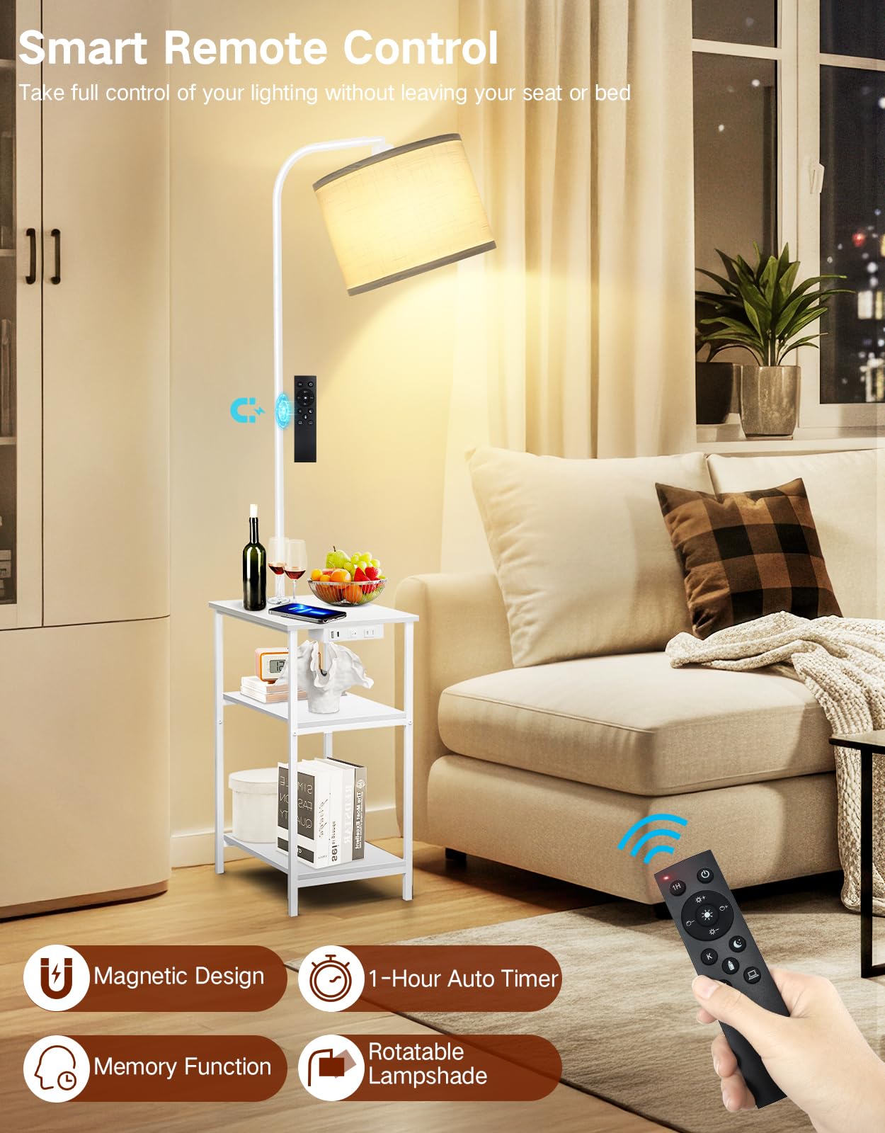 OUTONLIFE Floor Lamp with Table & Remote, Side Table with Charging Station, Dimmable Nightstand with 3 Color Temperatures, Open Shelves, 12W LED Bulb, End Table for Living Room, Bedroom, Office(White)