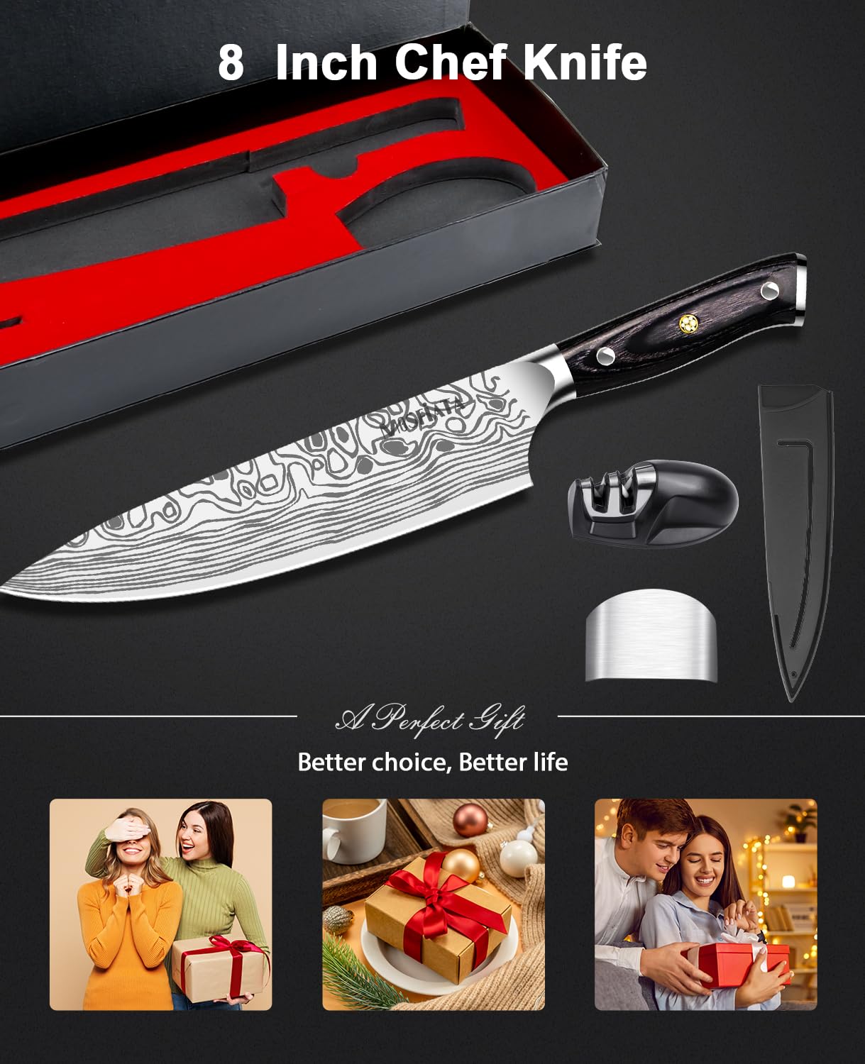 MOSFiATA 8 inch Super Sharp Professional Chef's Knife with Finger Guard and Knife Sharpener, German High Carbon Stainless Steel EN1.4116 with Micarta Handle and Gift Box