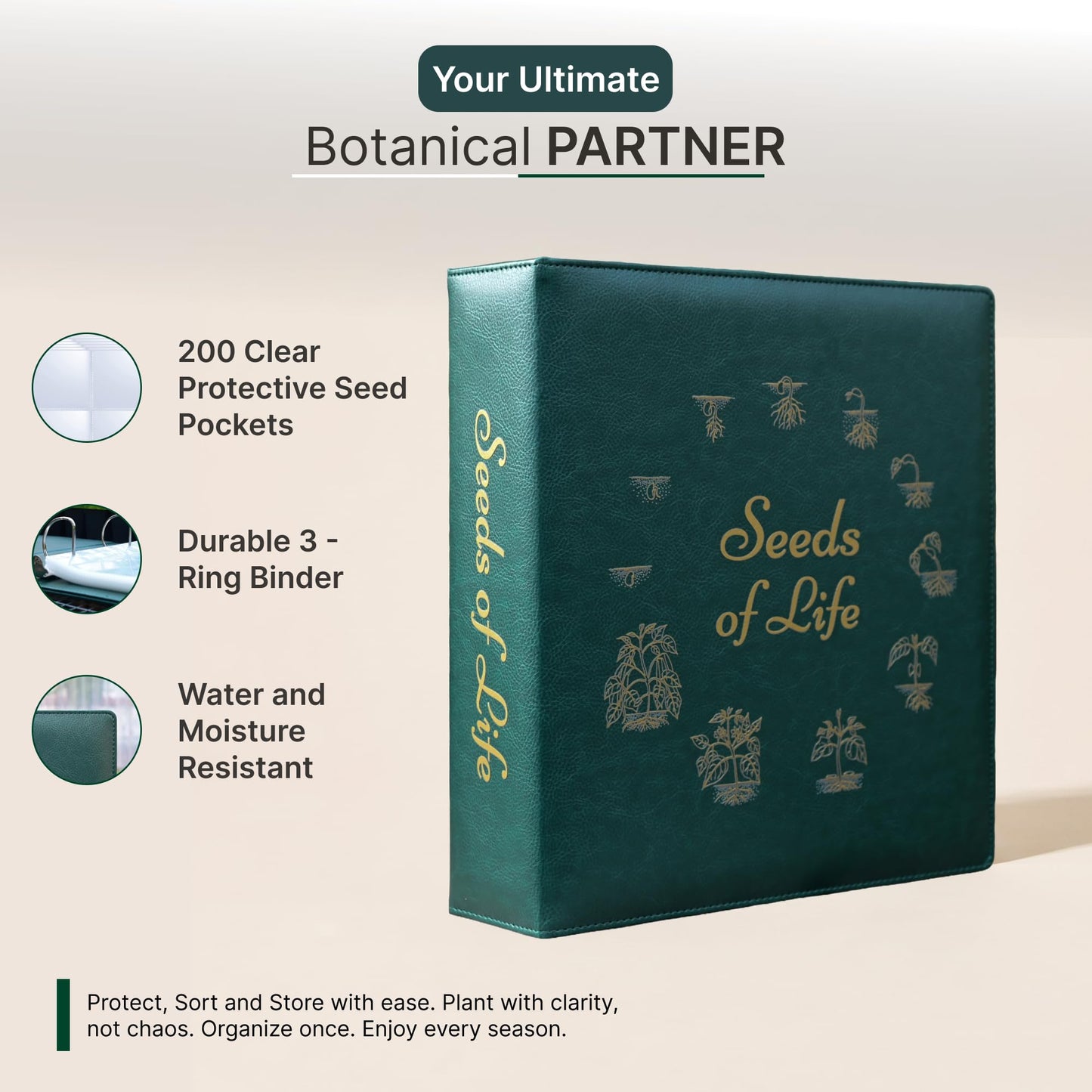 Seed Storage Organizer Binder – Compact Seed Packet Organizer with 50 Sheets Holding 200 Seed Envelopes, Complete Seed Saving Binder Kit for Gardeners