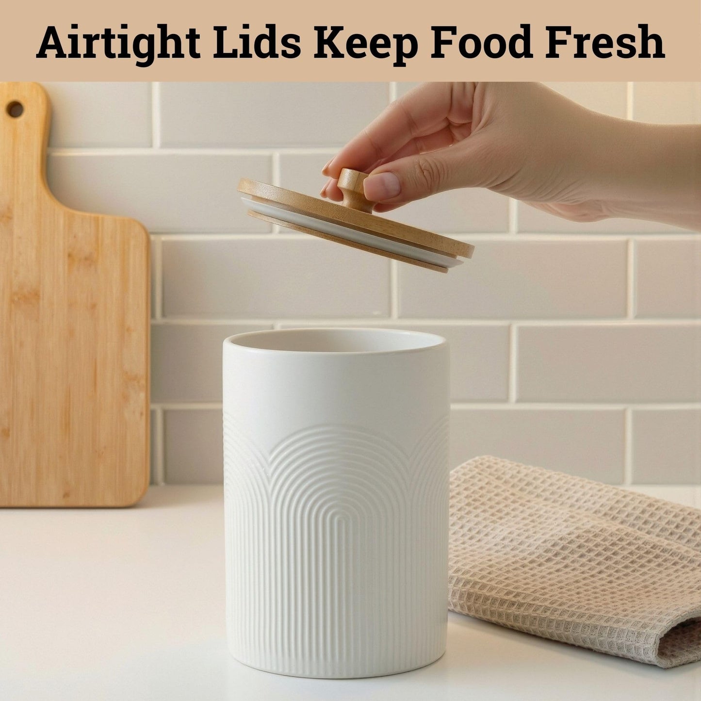 Ceramic Kitchen Canisters for Countertop Set of 3 with Airtight Bamboo Lids - White Kitchen Canisters with Airtight Lids - Flour Sugar Canister Set - Flour and Sugar Containers Farmhouse - Coffee Jar