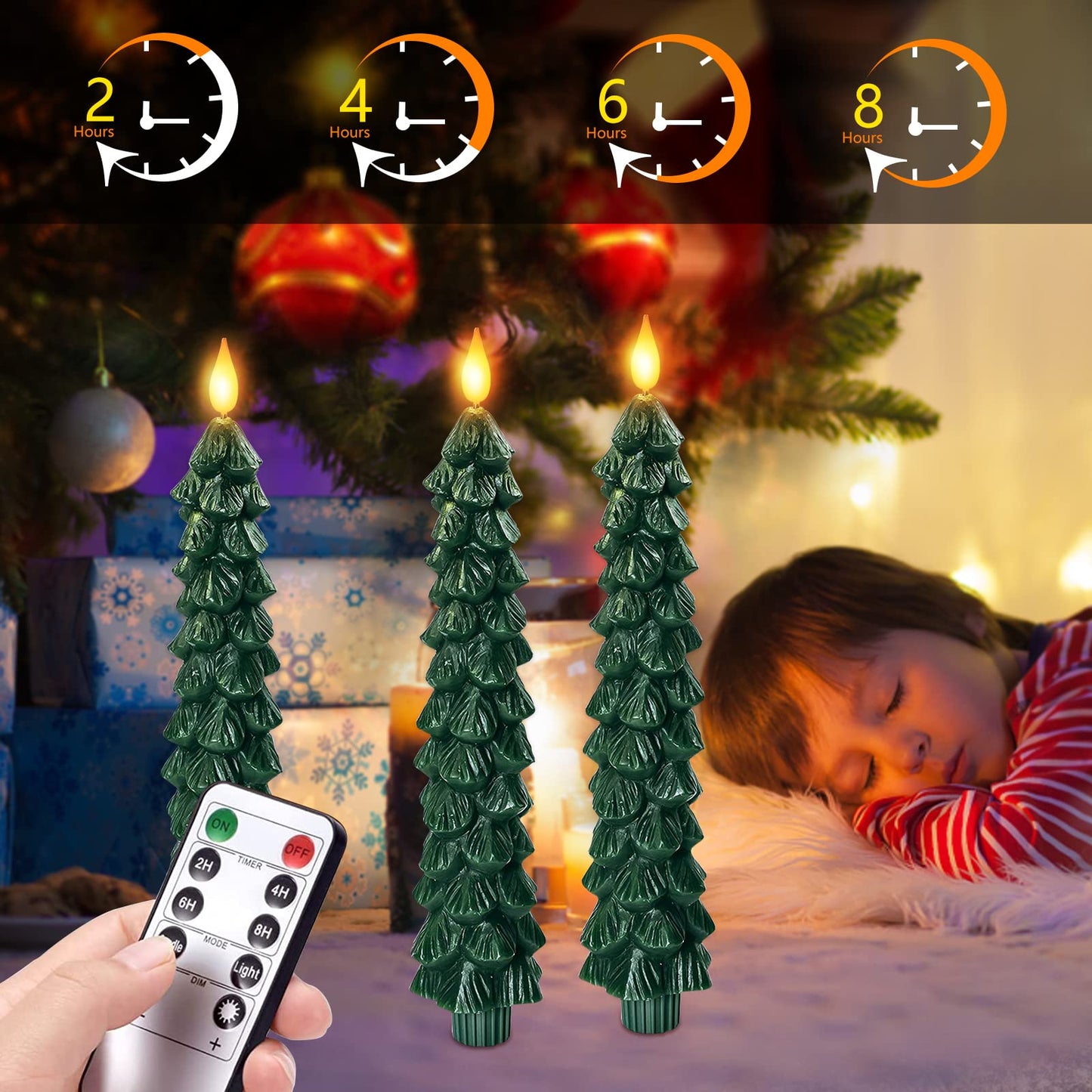 3 Pack Flameless Taper Candles with Remote Timer, 9.7 Inches Real Wax Christmas Tree Candlesticks, Battery Operated Window Candles for Xmas Fireplace Holiday Home Party Decor