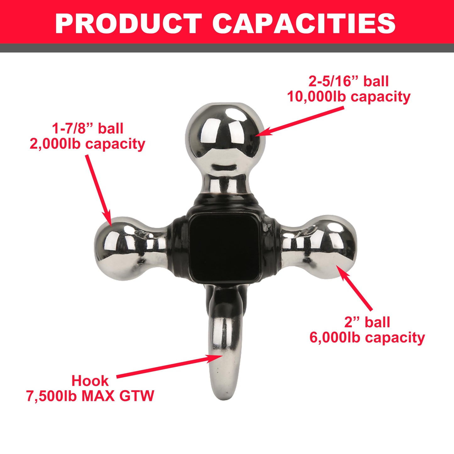 PEAKTOW Class III/IV 2 inches Trailer Hitch Ball Mount with 1-7/8”, 2”, 2-5/16” Triple Chrome Plated Balls and Hook, 10,000 lbs. Capacity, with 5/8 Inch Pin