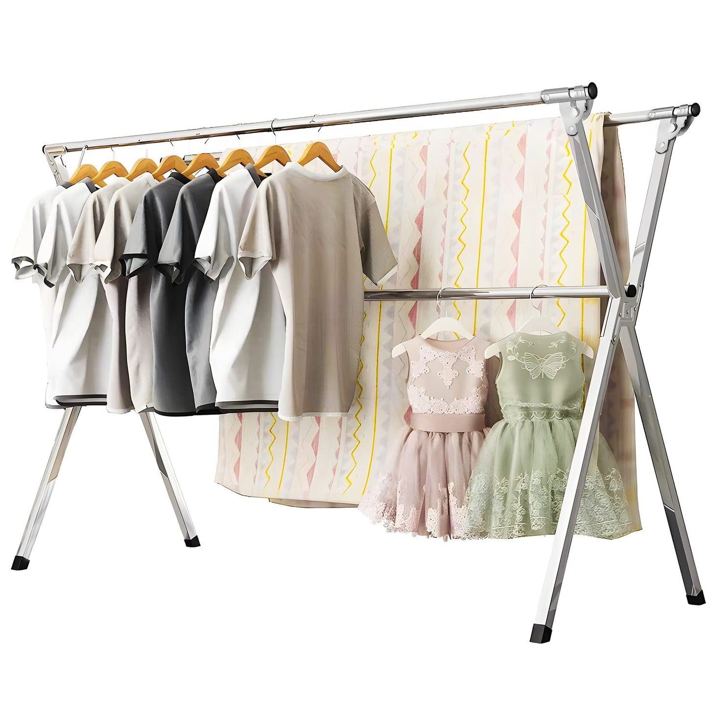 URYAN 200cm Stainless Steel Clothes Drying Rack, Heavy Duty Laundry Drying Rack Folding Indoor Outdoor, Portable Drying Rack Clothing, Free-Standing Laundry Stand with 20 Windproof Hooks